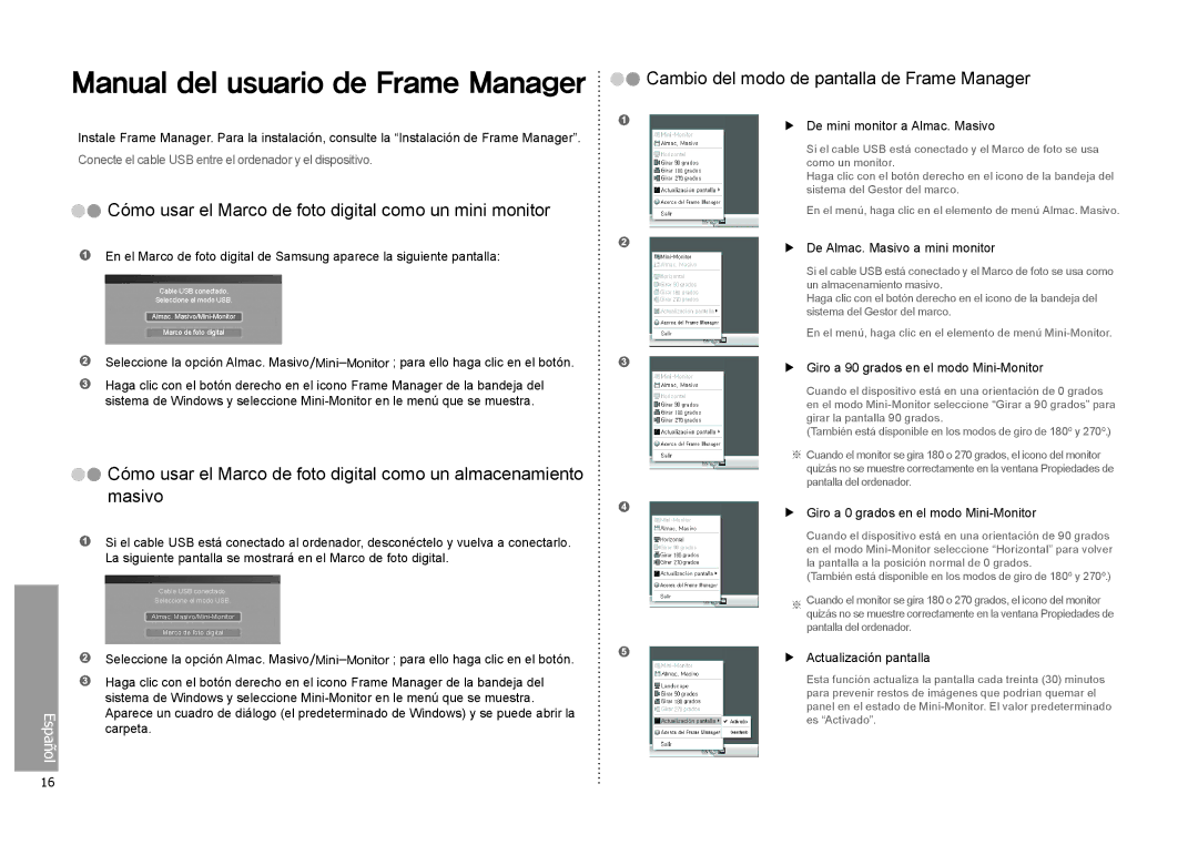 Samsung LP08IPLEBTZEN manual Manual del usuario de Frame Manager, Cómo usar el Marco de foto digital como un mini monitor 