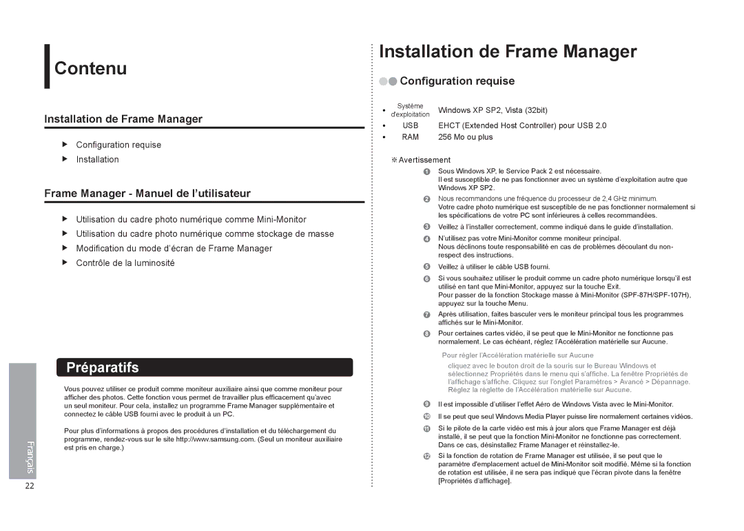 Samsung LP08IPLEBTZEN Contenu, Installation de Frame Manager, Frame Manager Manuel de l’utilisateur, Configuration requise 