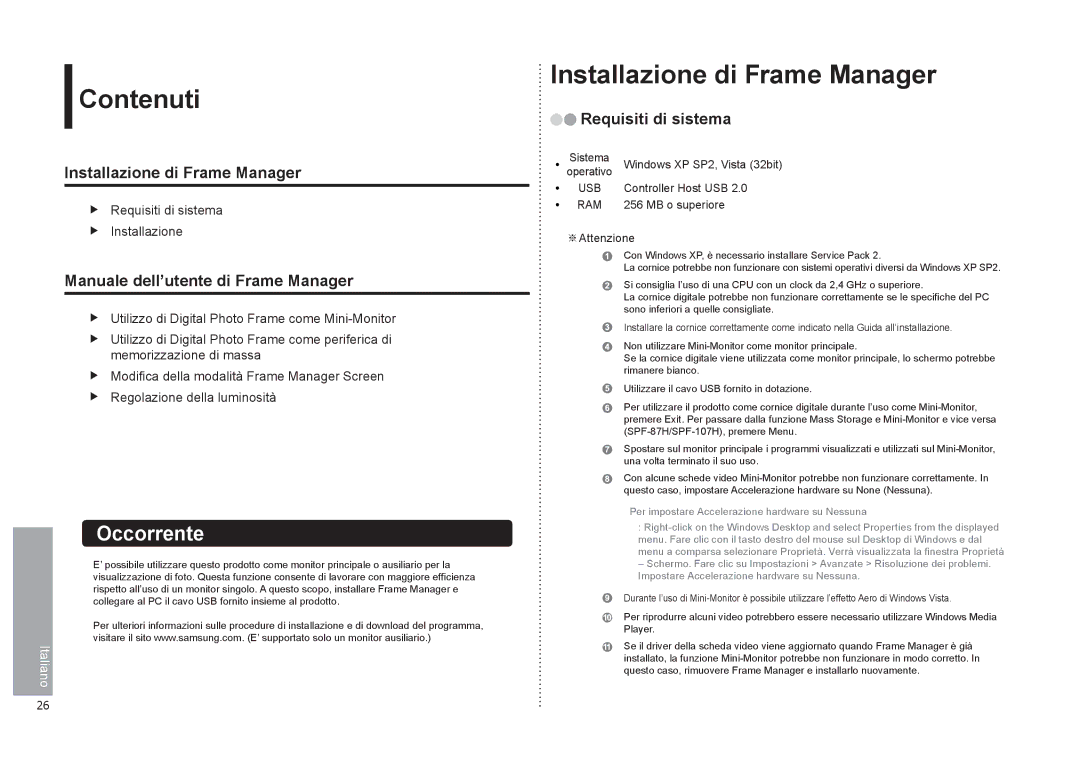 Samsung LP08IPLSBTZEN, LP10IPLSBTZEN manual Contenuti, Installazione di Frame Manager, Manuale dell’utente di Frame Manager 