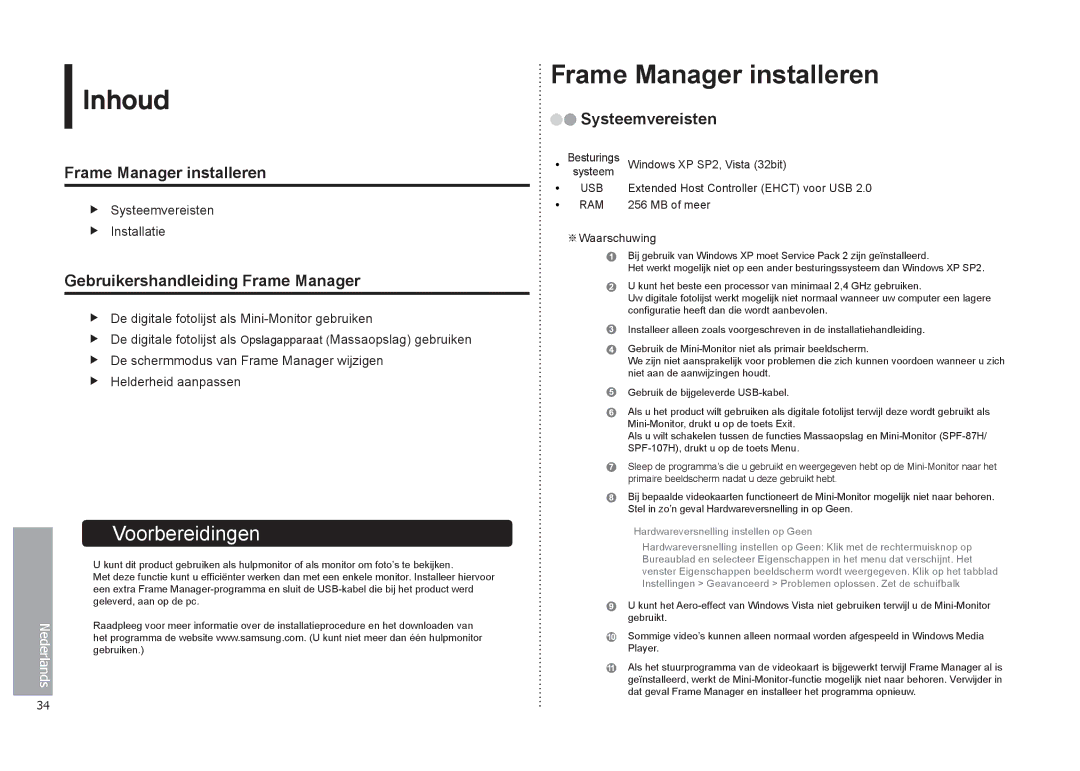 Samsung LP08IPLEBTZEN manual Inhoud, Frame Manager installeren, Gebruikershandleiding Frame Manager, Systeemvereisten 