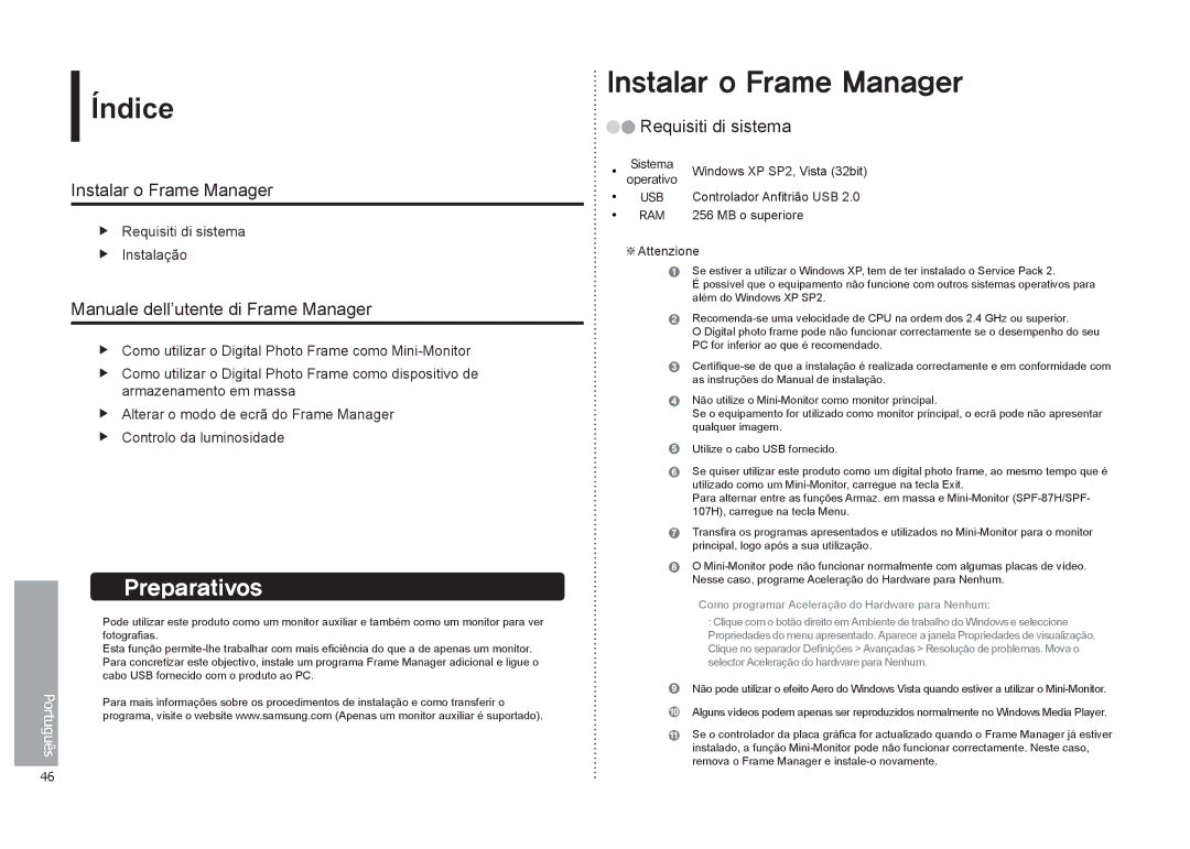 Samsung LP08IPLEBTZEN manual Índice, Instalar o Frame Manager, Manuale dell’utente di Frame Manager, Requisiti di sistema 