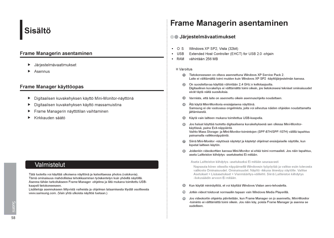 Samsung LP08IPLEBTZEN manual Sisältö, Frame Managerin asentaminen, Frame Manager käyttöopas, Järjestelmävaatimukset 