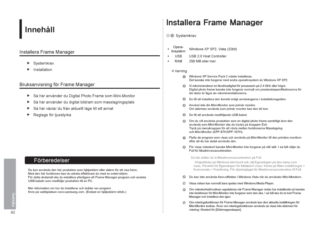 Samsung LP08IPLSBTZEN, LP10IPLSBTZEN, LP08IPLEBTZEN Innehåll, Installera Frame Manager, Bruksanvisning för Frame Manager 