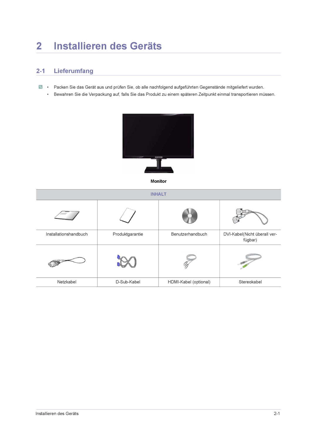 Samsung LS23NVMAB5/EN, LS-F2380MAH/KR, LS23NVMAH5/EN manual Installieren des Geräts, Lieferumfang, Inhalt 