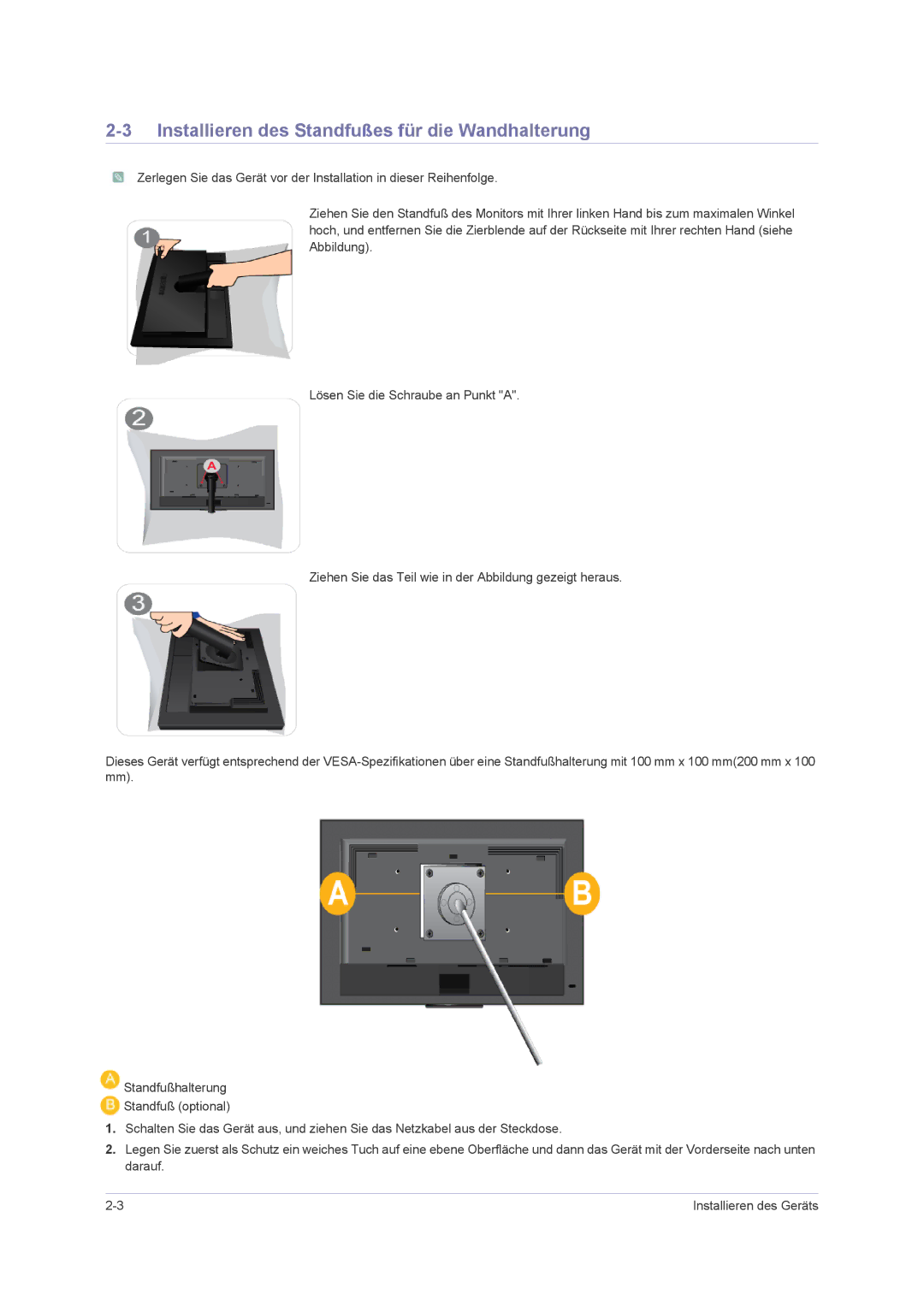 Samsung LS23NVMAB5/EN, LS-F2380MAH/KR, LS23NVMAH5/EN manual Installieren des Standfußes für die Wandhalterung 