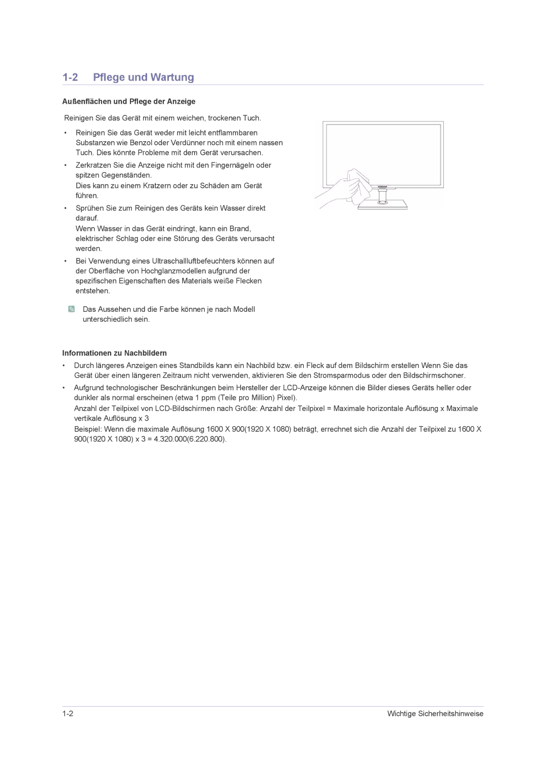 Samsung LS23NVMAH5/EN, LS23NVMAB5/EN Pflege und Wartung, Außenflächen und Pflege der Anzeige, Informationen zu Nachbildern 