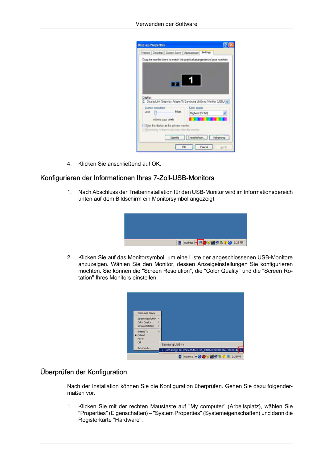 Samsung LS07LDPSF/EN manual Konfigurieren der Informationen Ihres 7-Zoll-USB-Monitors, Überprüfen der Konfiguration 