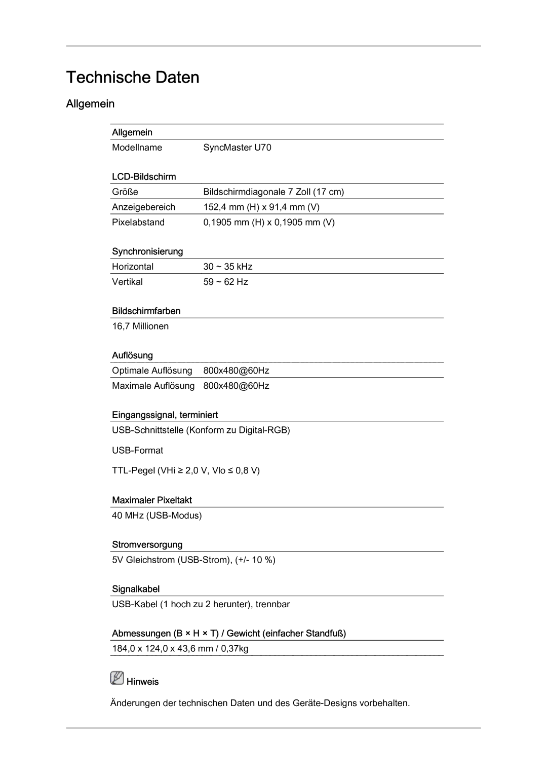 Samsung LS07LDPSF/EN manual Technische Daten, Allgemein 