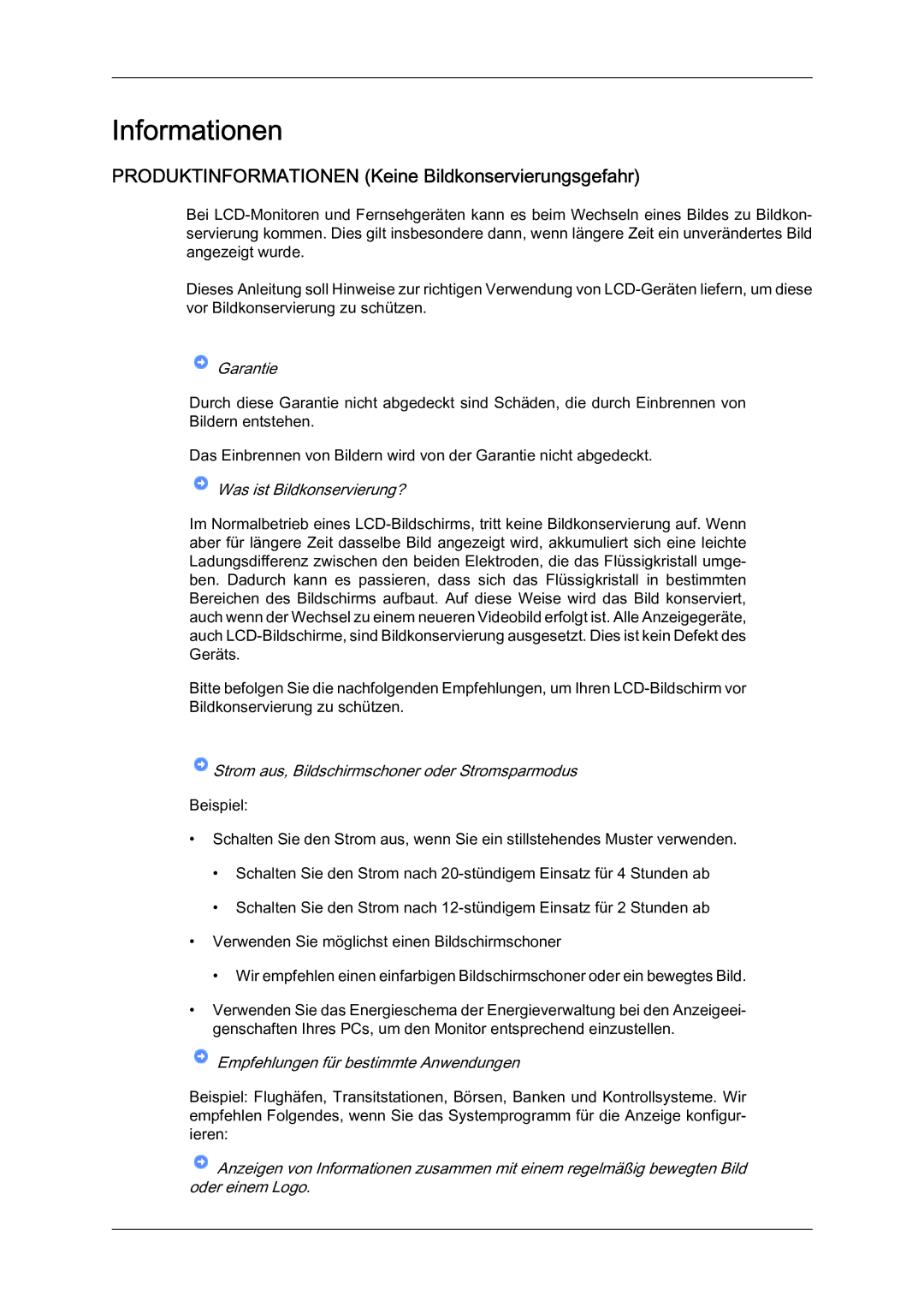 Samsung LS07LDPSF/EN manual Informationen, Produktinformationen Keine Bildkonservierungsgefahr 