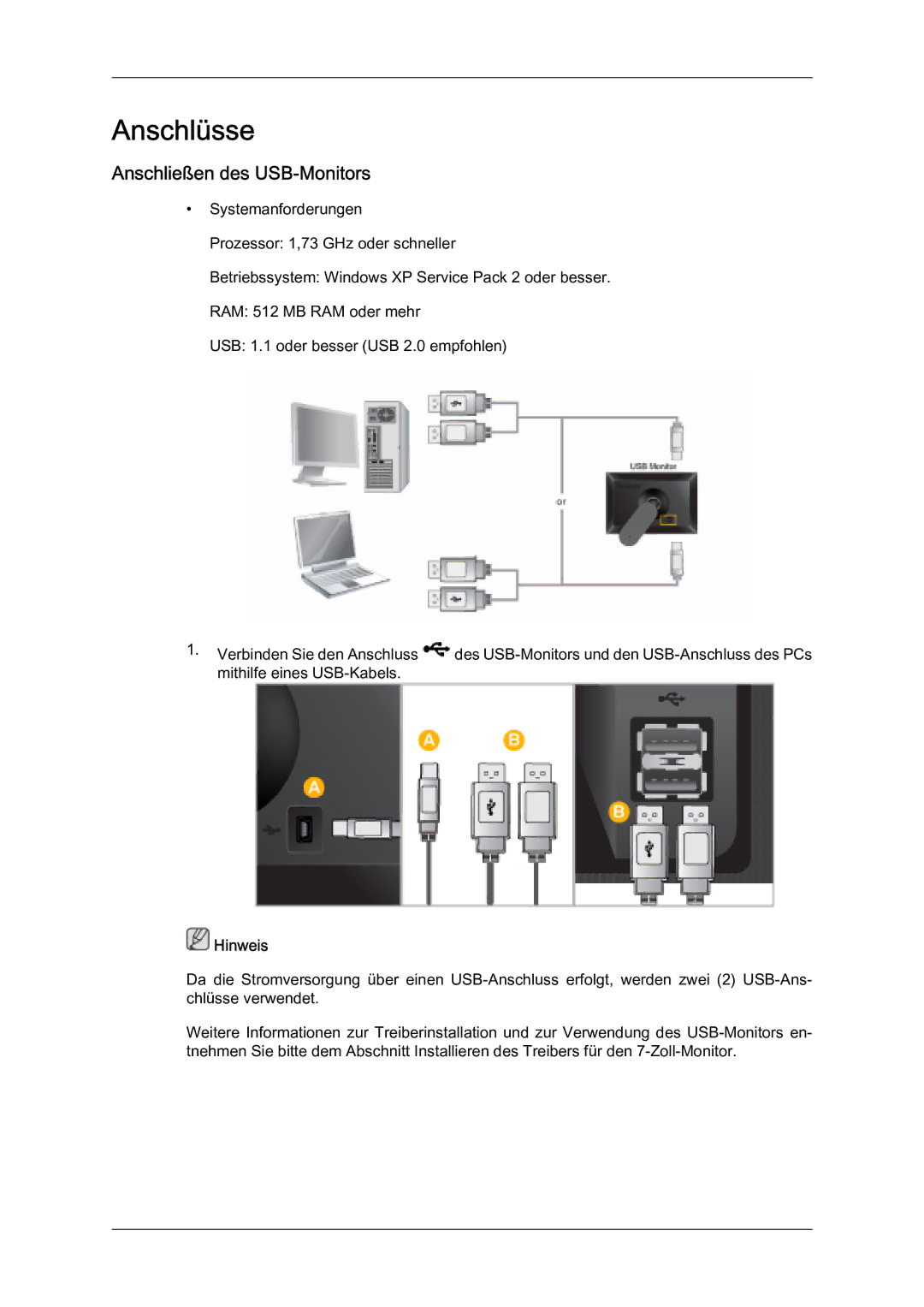 Samsung LS07LDPSF/EN manual Anschlüsse, Anschließen des USB-Monitors 