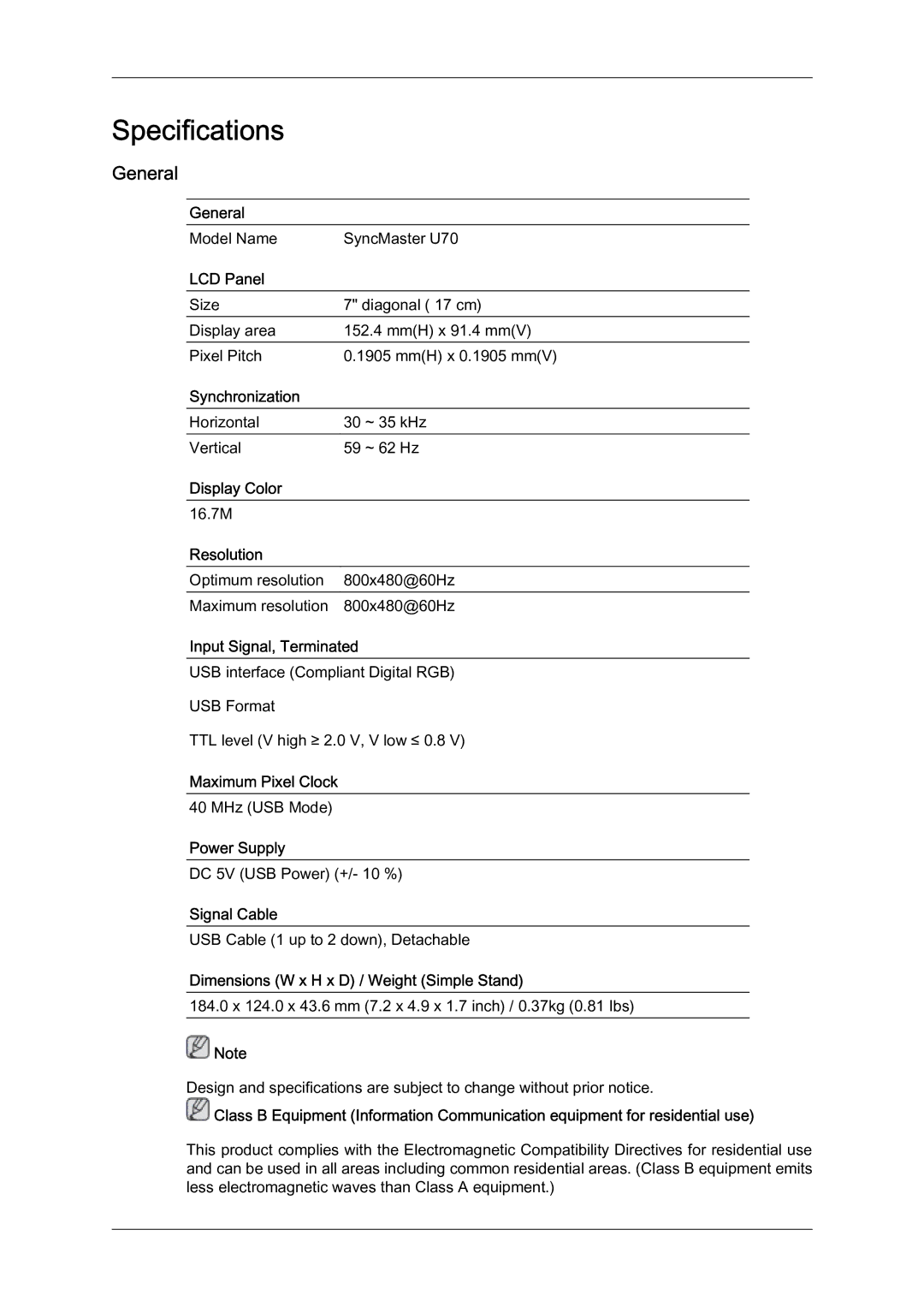 Samsung LS07LDPSF/EN manual Specifications, General 