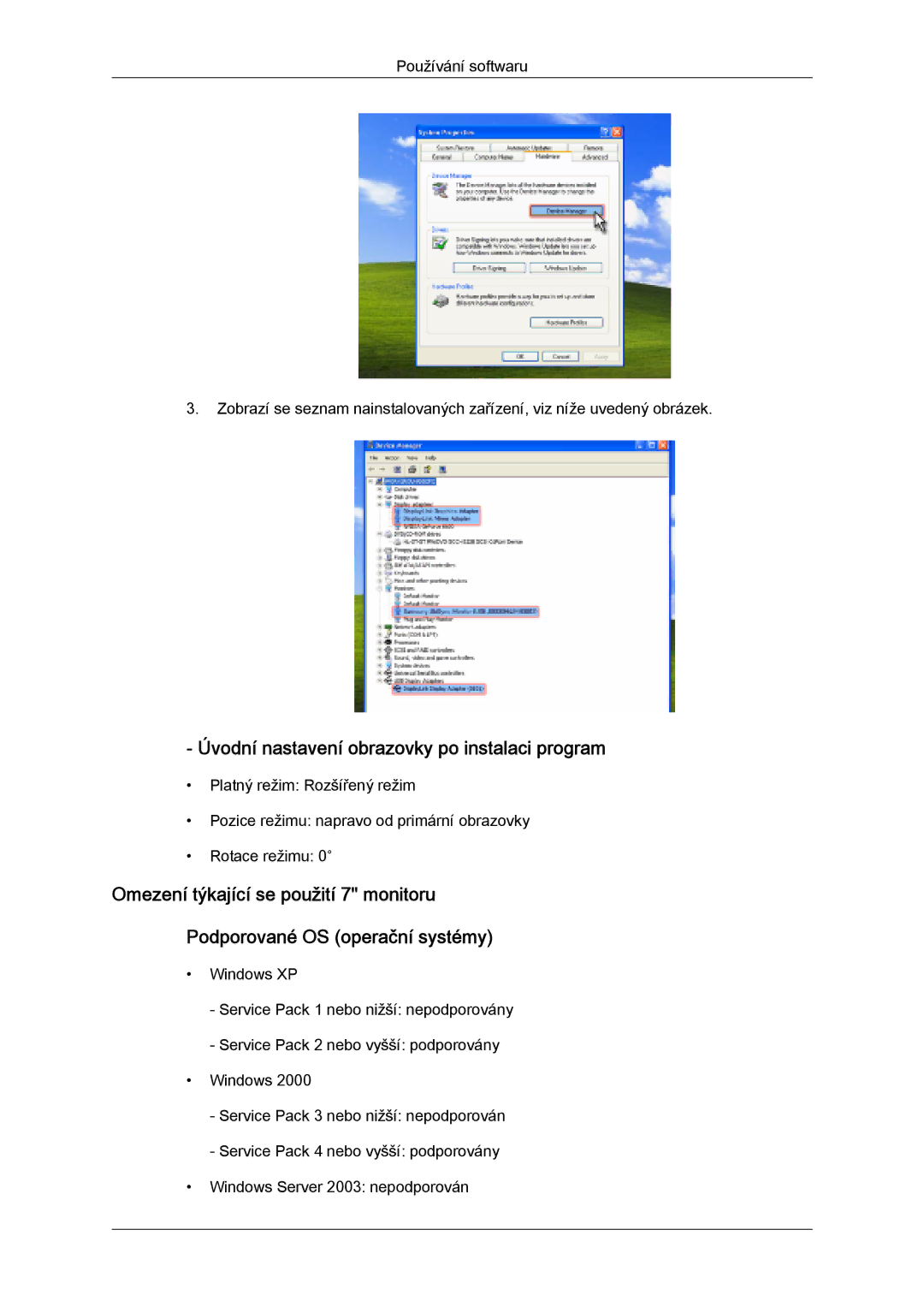 Samsung LS07LDPSF/EN manual Úvodní nastavení obrazovky po instalaci program 