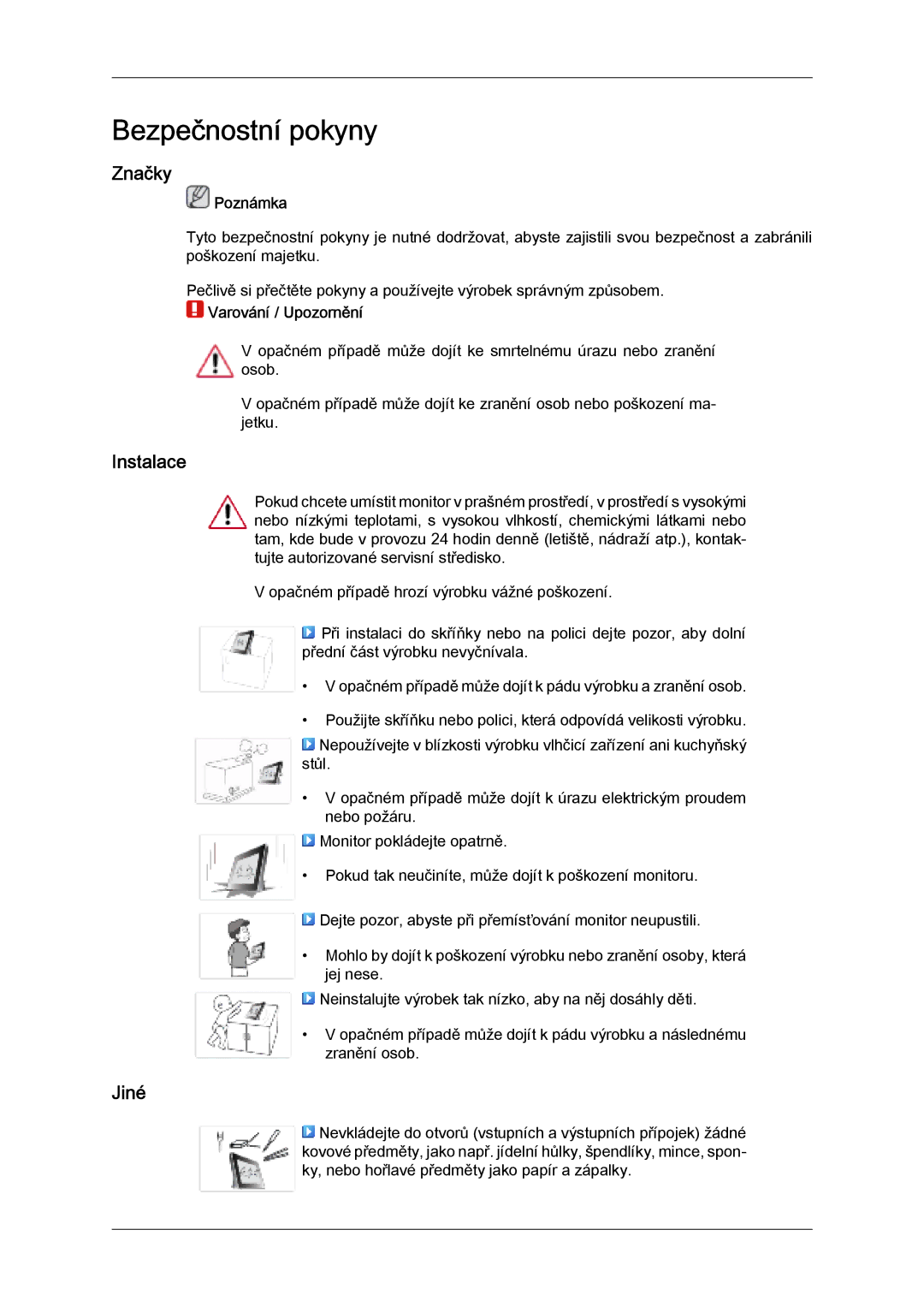 Samsung LS07LDPSF/EN manual Bezpečnostní pokyny, Značky, Instalace, Jiné 