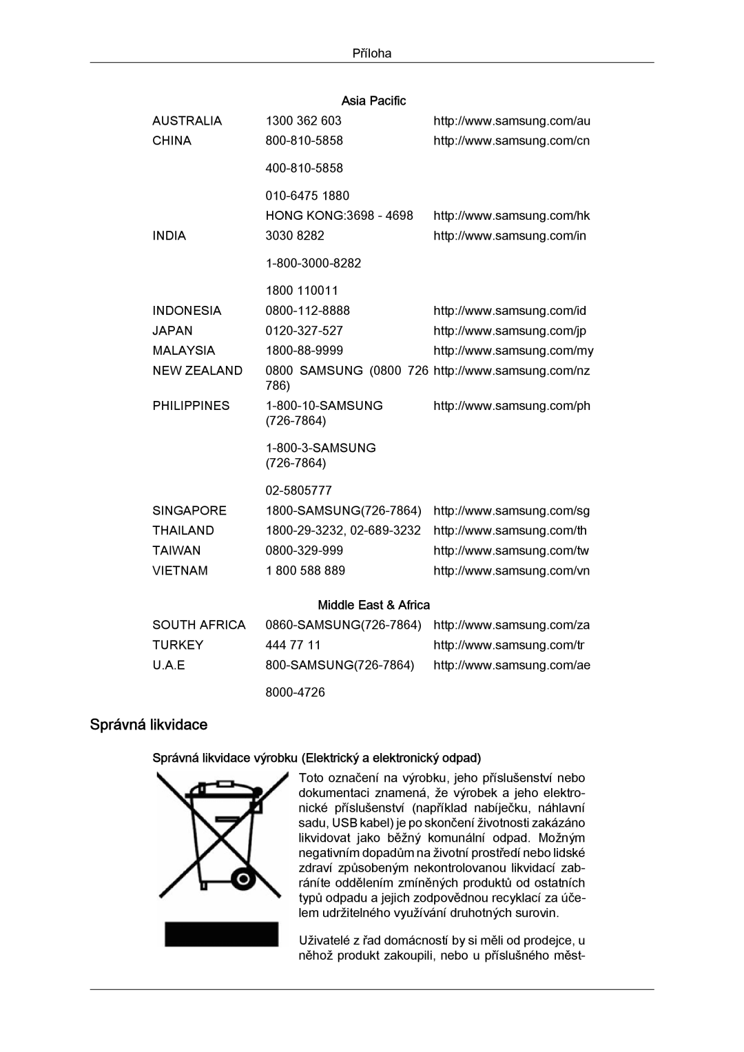 Samsung LS07LDPSF/EN manual Správná likvidace výrobku Elektrický a elektronický odpad 