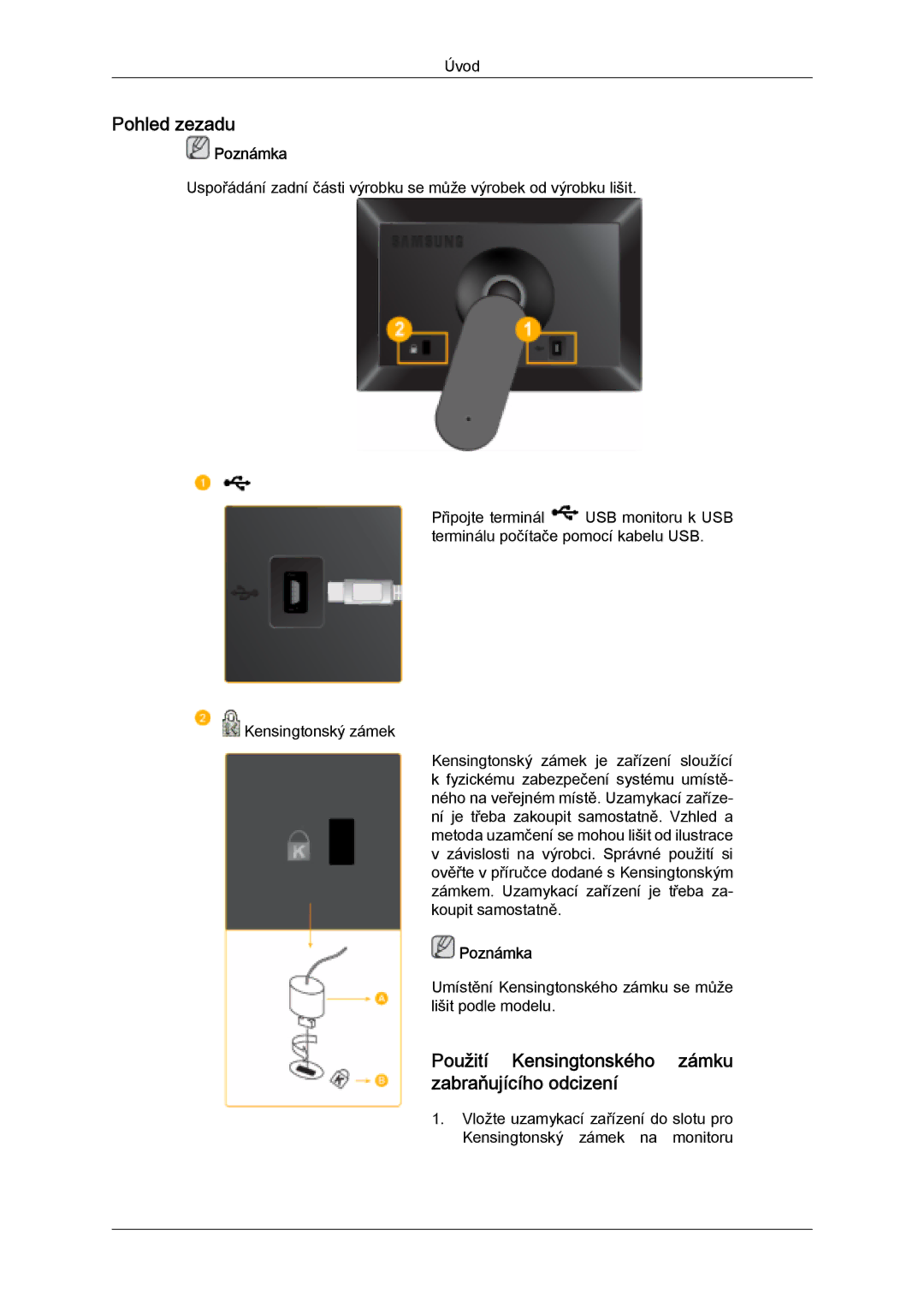 Samsung LS07LDPSF/EN manual Pohled zezadu, Použití Kensingtonského zámku zabraňujícího odcizení 