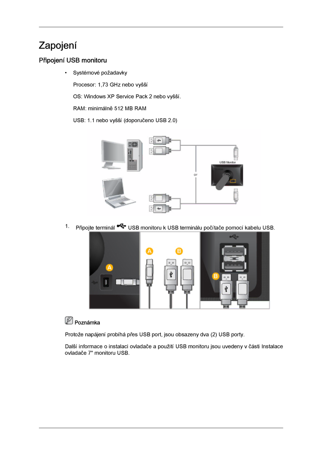 Samsung LS07LDPSF/EN manual Zapojení, Připojení USB monitoru 