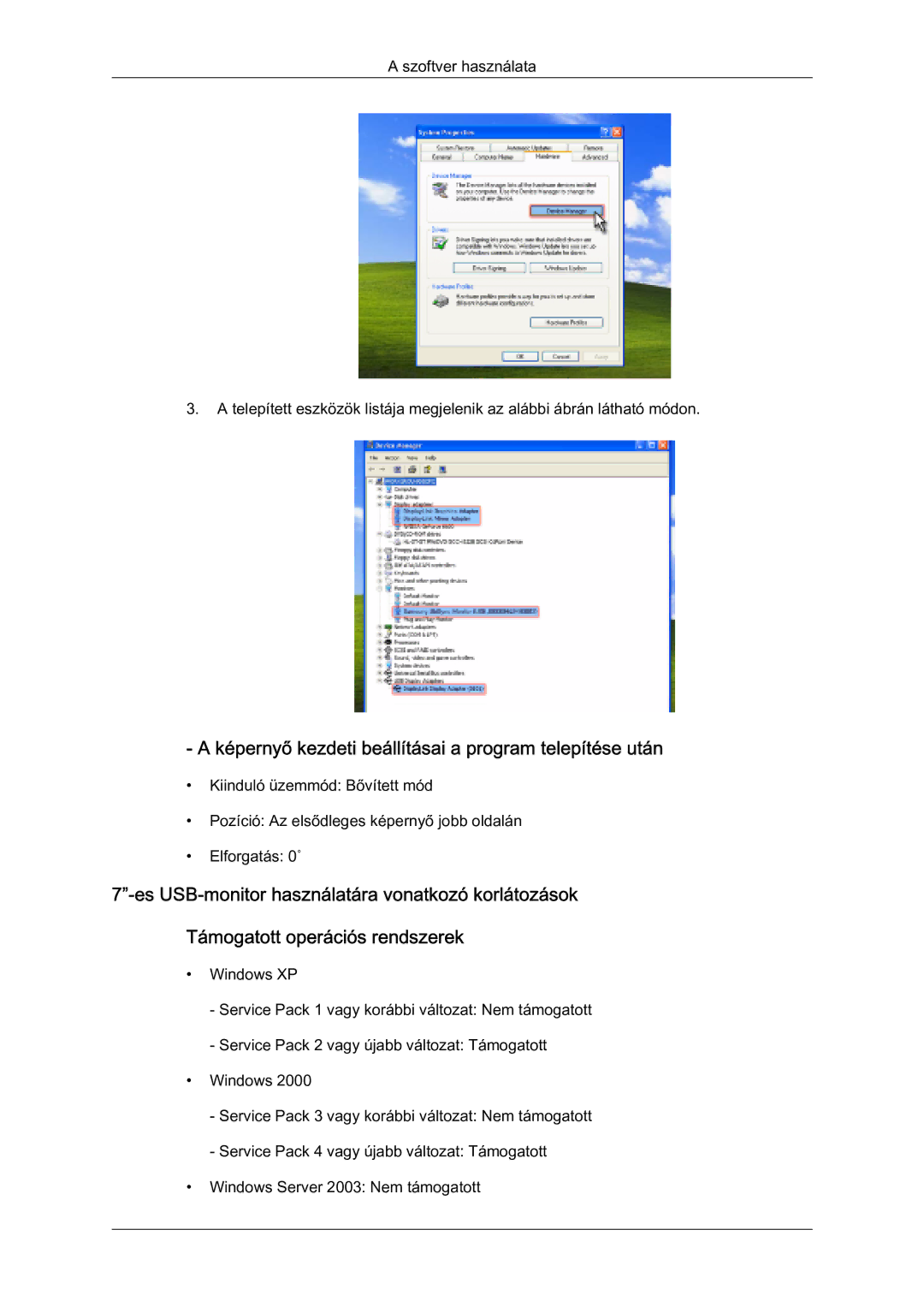 Samsung LS07LDPSF/EN manual Képernyő kezdeti beállításai a program telepítése után 