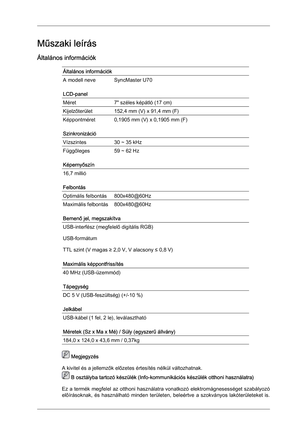 Samsung LS07LDPSF/EN manual Műszaki leírás, Általános információk 