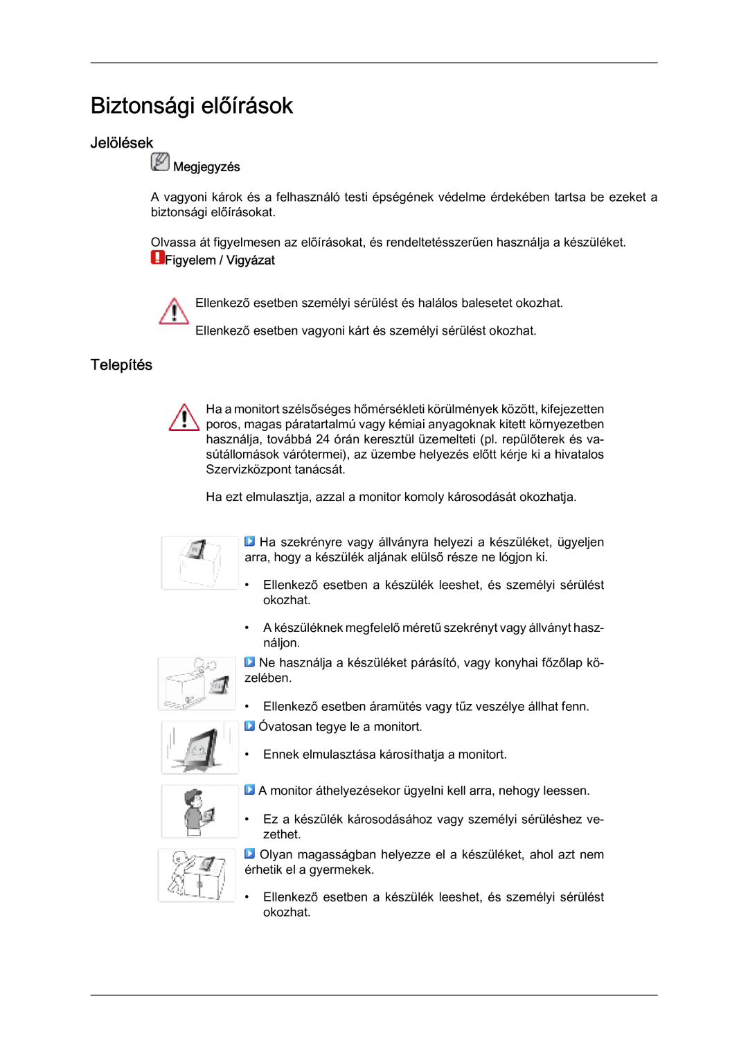 Samsung LS07LDPSF/EN manual Biztonsági előírások, Jelölések, Telepítés 