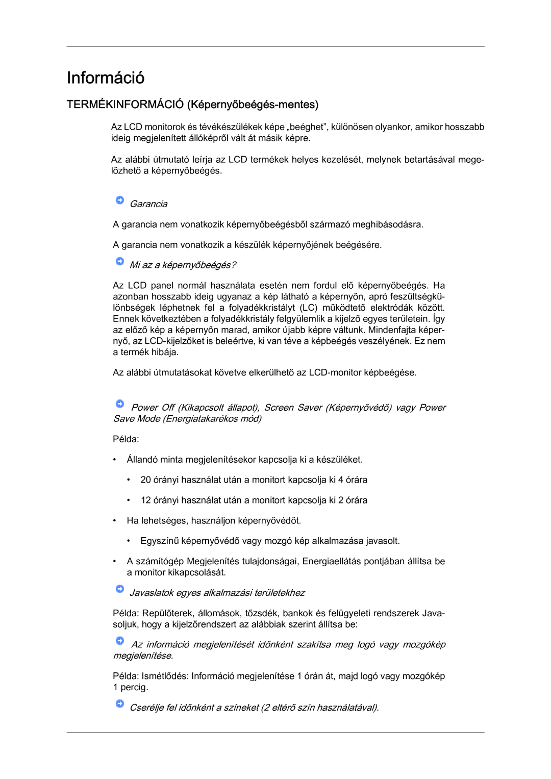 Samsung LS07LDPSF/EN manual Információ, Termékinformáció Képernyőbeégés-mentes 