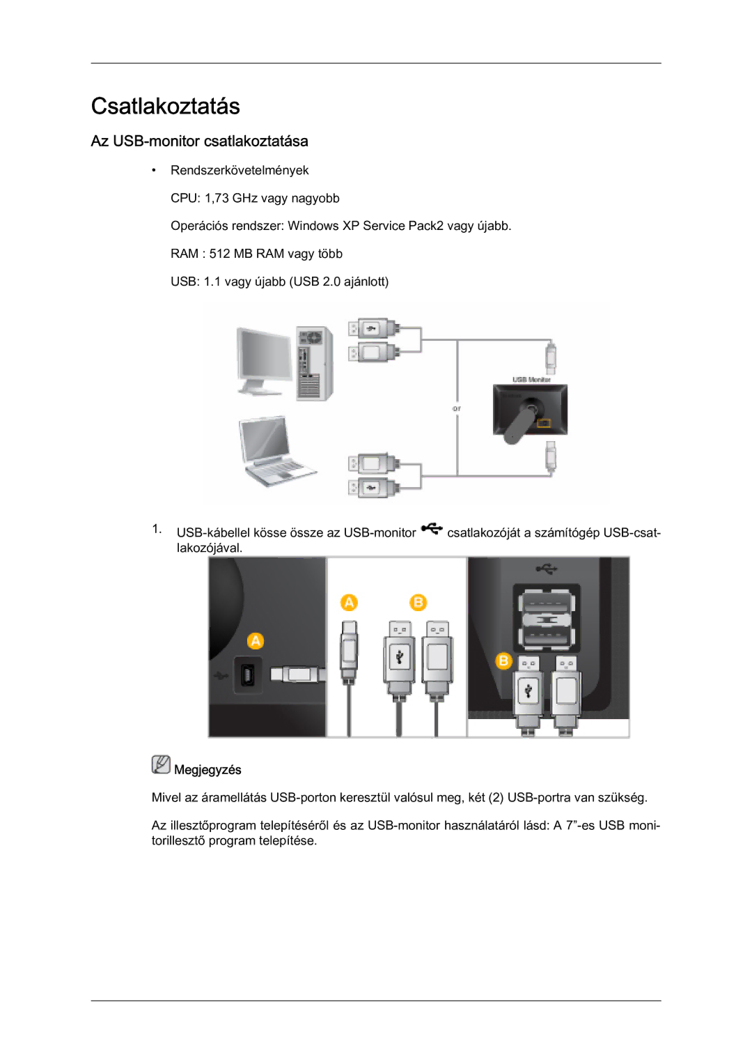 Samsung LS07LDPSF/EN manual Csatlakoztatás, Az USB-monitor csatlakoztatása 