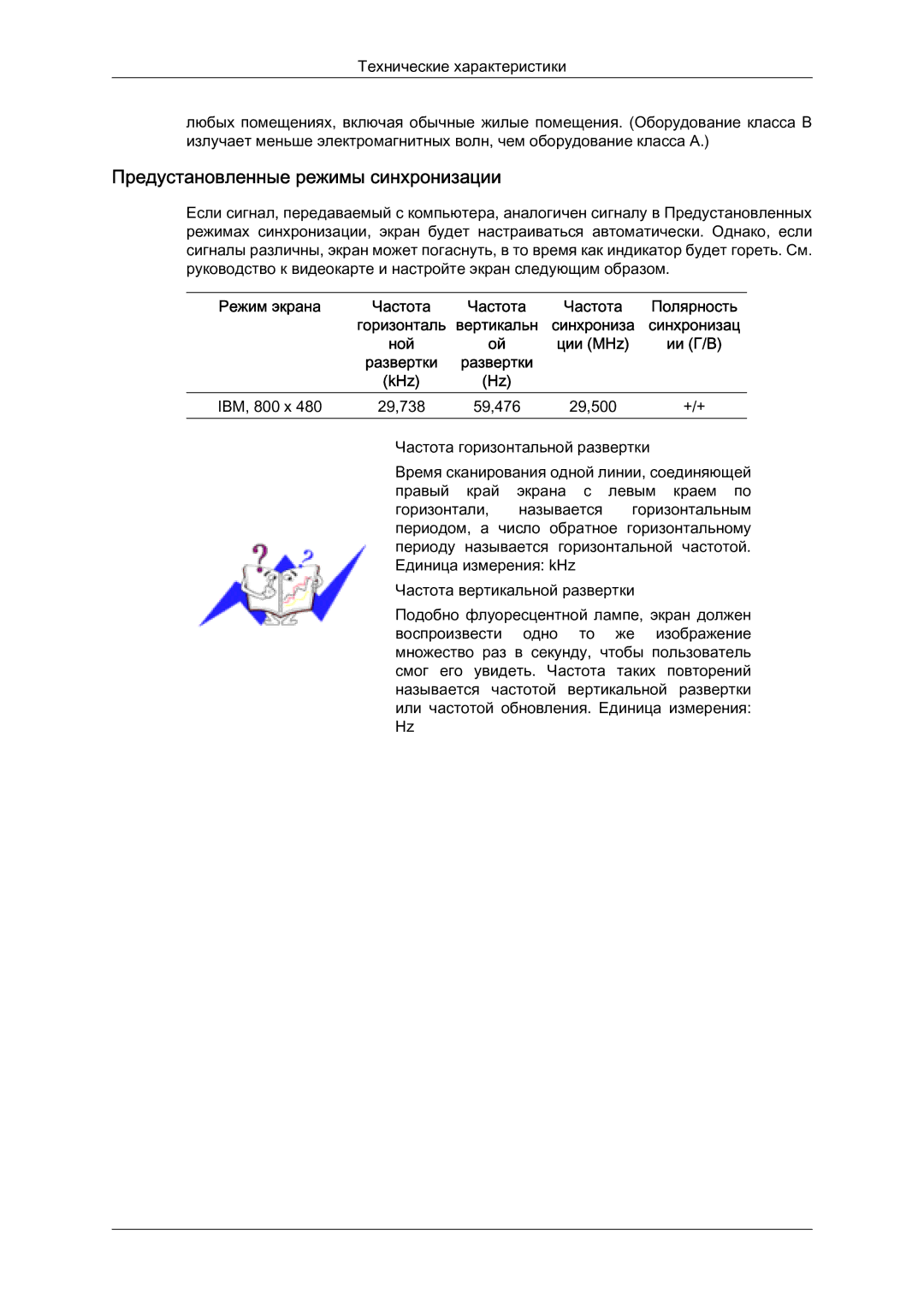 Samsung LS07LDPSF/EN Предустановленные режимы синхронизации, Режим экрана, Ции MHz, KHz IBM, 800 x 29,738 59,476 29,500 