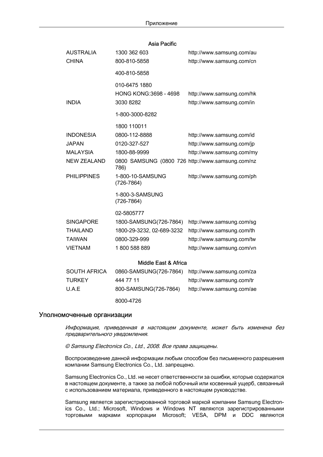 Samsung LS07LDPSF/EN manual Уполномоченные организации, Asia Pacific 