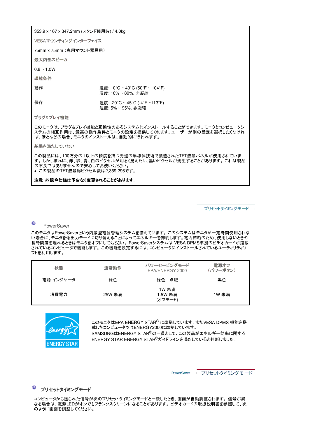 Samsung LS15GKMHN/XSJ manual プリセットタイミングモード, 注意：外観や仕様は予告なく変更されることがあります。 