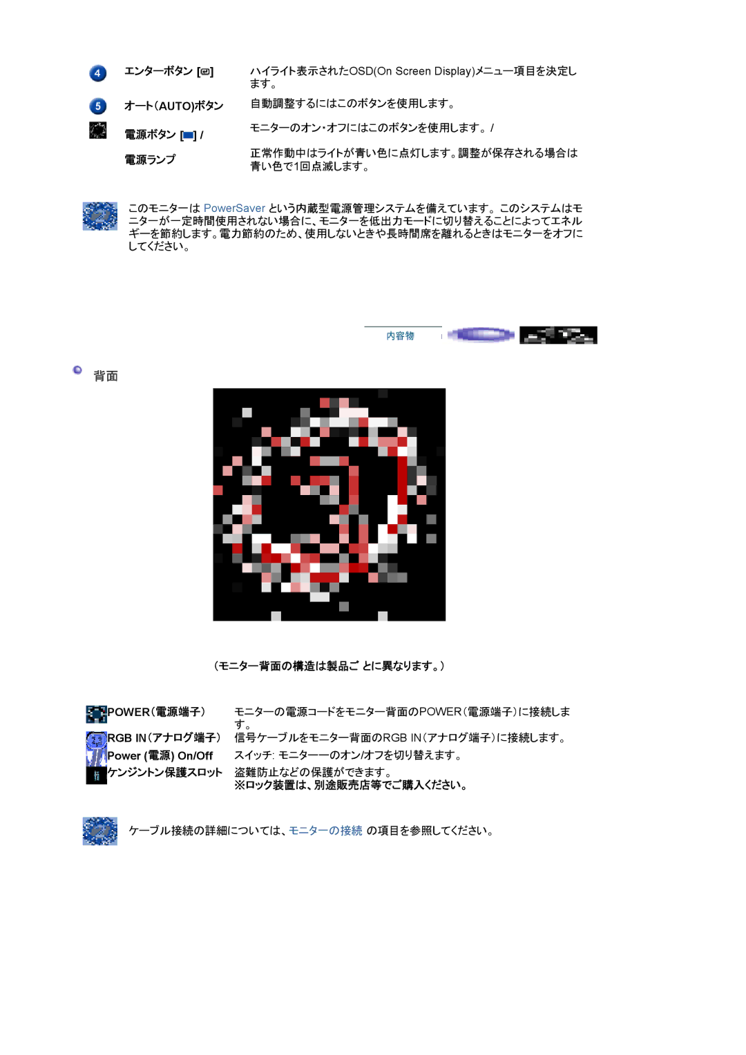 Samsung LS15HAAKBY/XSJ, LS15HAAKNY/XSJ manual エンターボタン, 青い色で 1回点滅します。, （モニター背面の構造は製品ご とに異なります。）, ※ロック装置は、別途販売店等でご購入ください。 