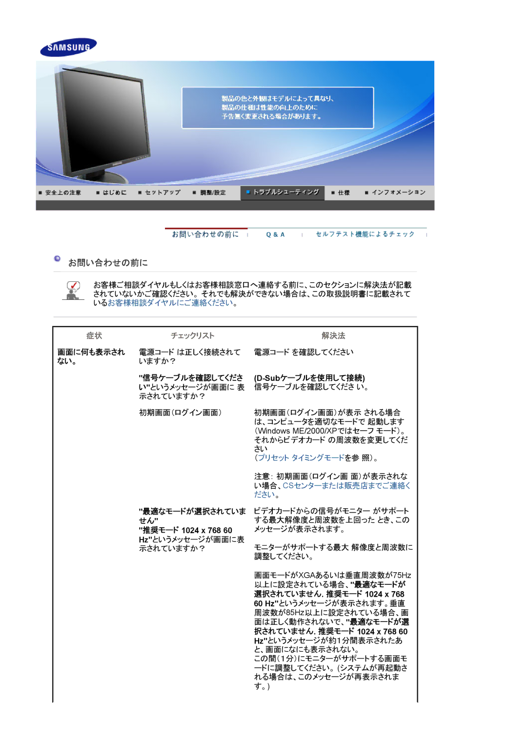 Samsung LS15HAAKNY/XSJ, LS15HAAKBY/XSJ お問い合わせの前に, 画面に何も表示され, ない。, Subケーブルを使用して接続信号ケーブルを確認してくださ い。, 選択されていません. 推奨モード 1024 x 