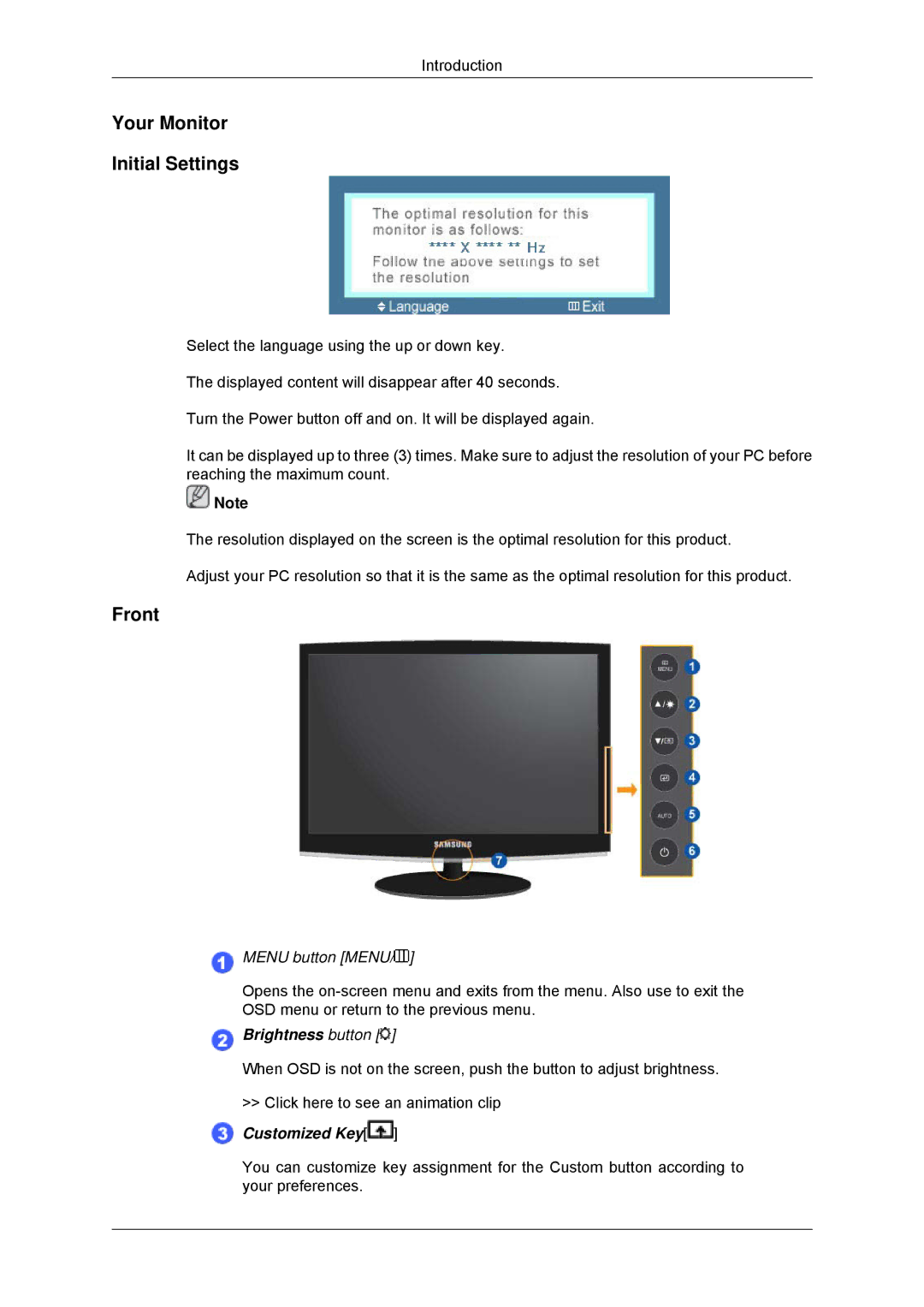 Samsung LS16CMYSFMXV, LS16CMYSFUXJ, LS17CMNSFMXV manual Your Monitor Initial Settings, Front 