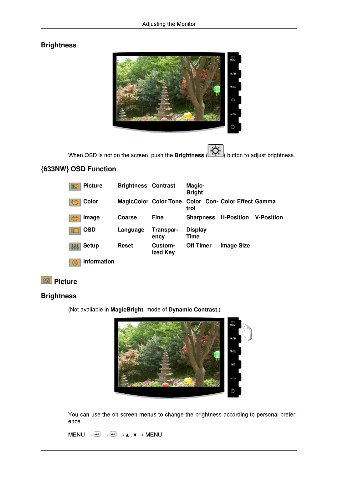 Samsung LS16CMYSFUXJ, LS17CMNSFMXV, LS16CMYSFMXV manual 633NW OSD Function, Picture Brightness 