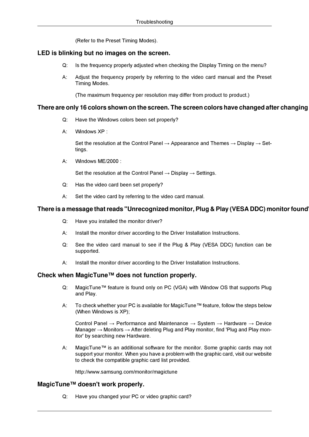 Samsung LS16CMYSFMXV manual LED is blinking but no images on the screen, Check when MagicTune does not function properly 