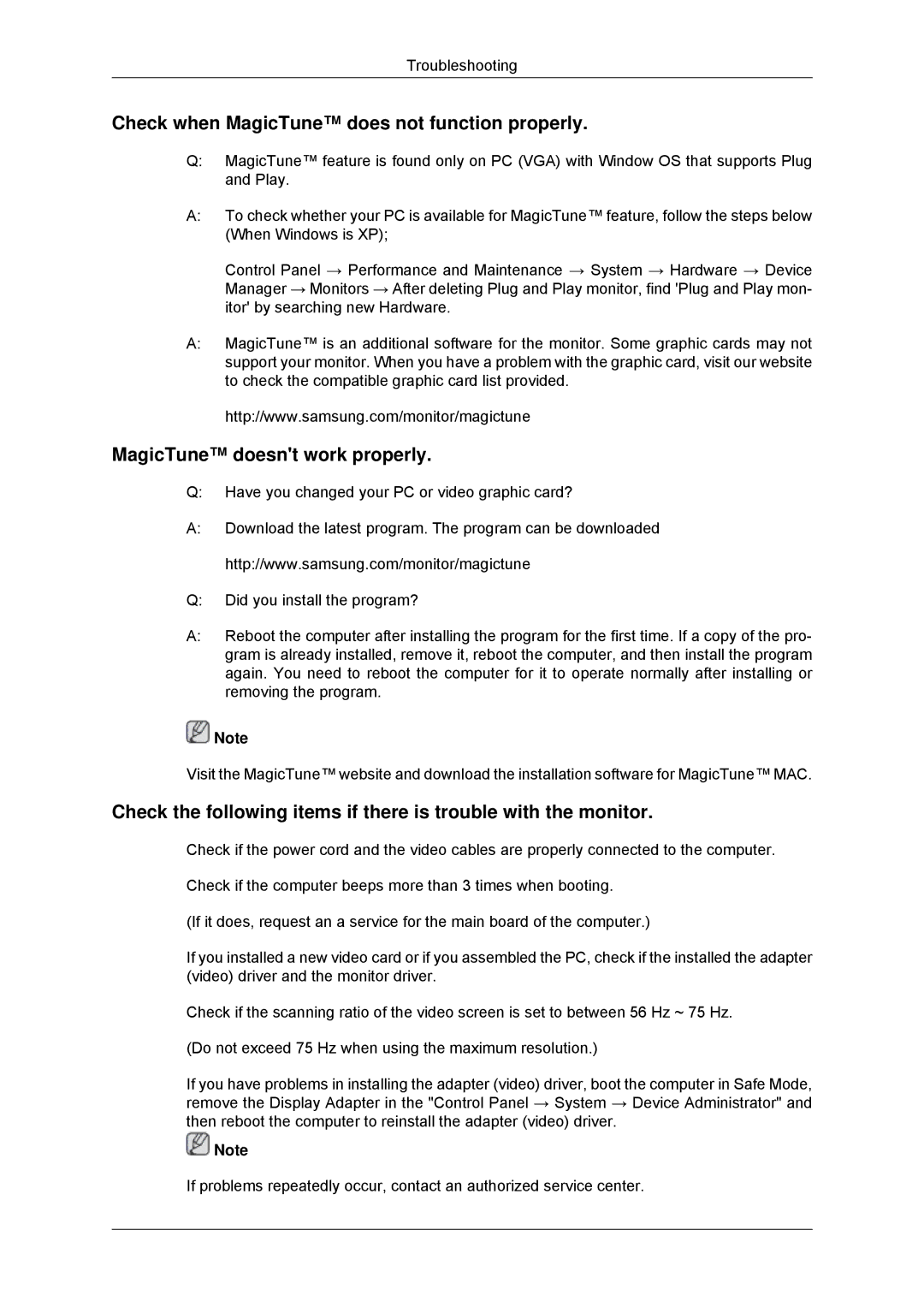 Samsung LS16CMYSFMXV, LS16CMYSFUXJ, LS17CMNSFMXV manual Check when MagicTune does not function properly 