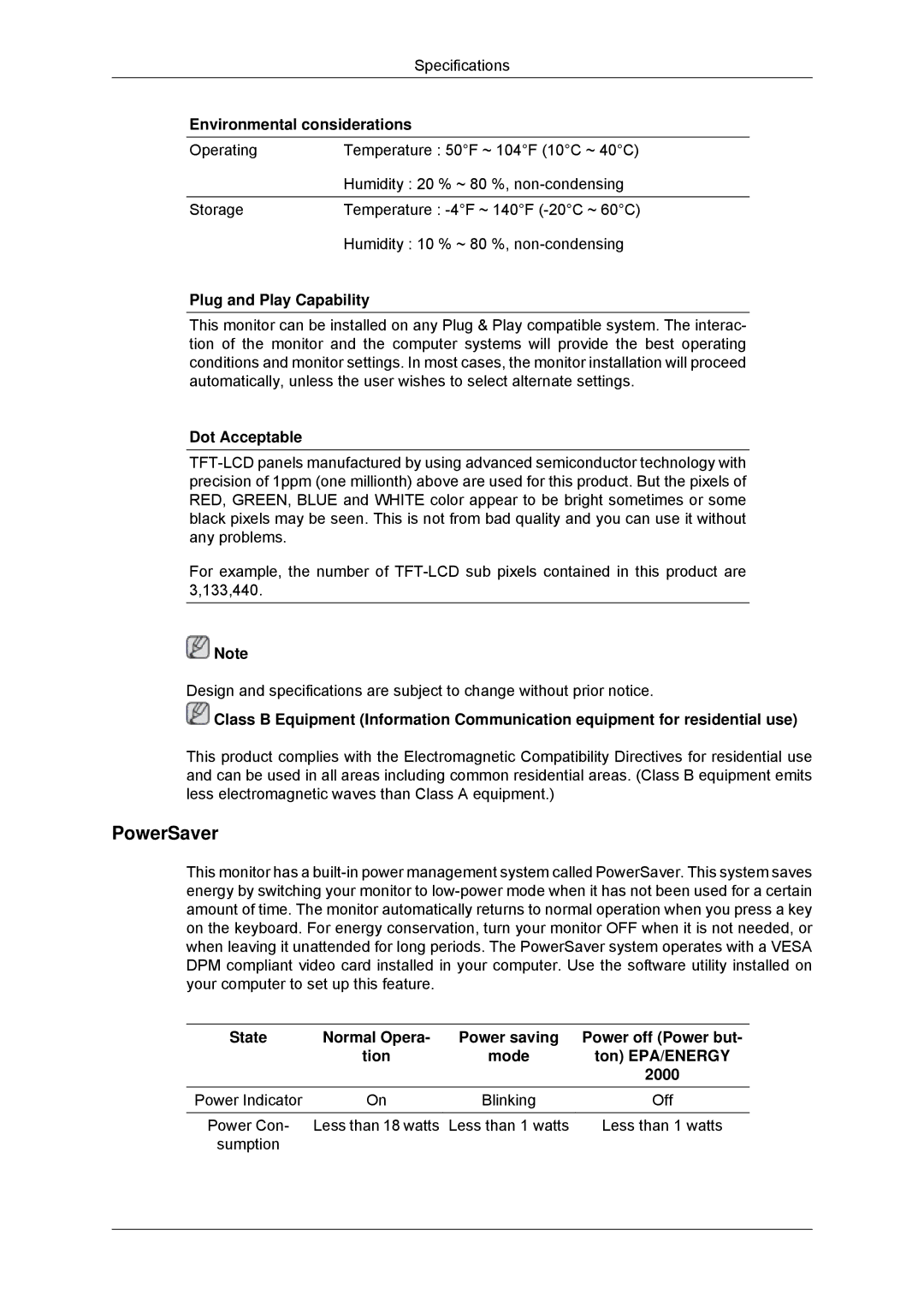 Samsung LS16CMYSFMXV, LS16CMYSFUXJ manual PowerSaver, Environmental considerations, Plug and Play Capability, Dot Acceptable 