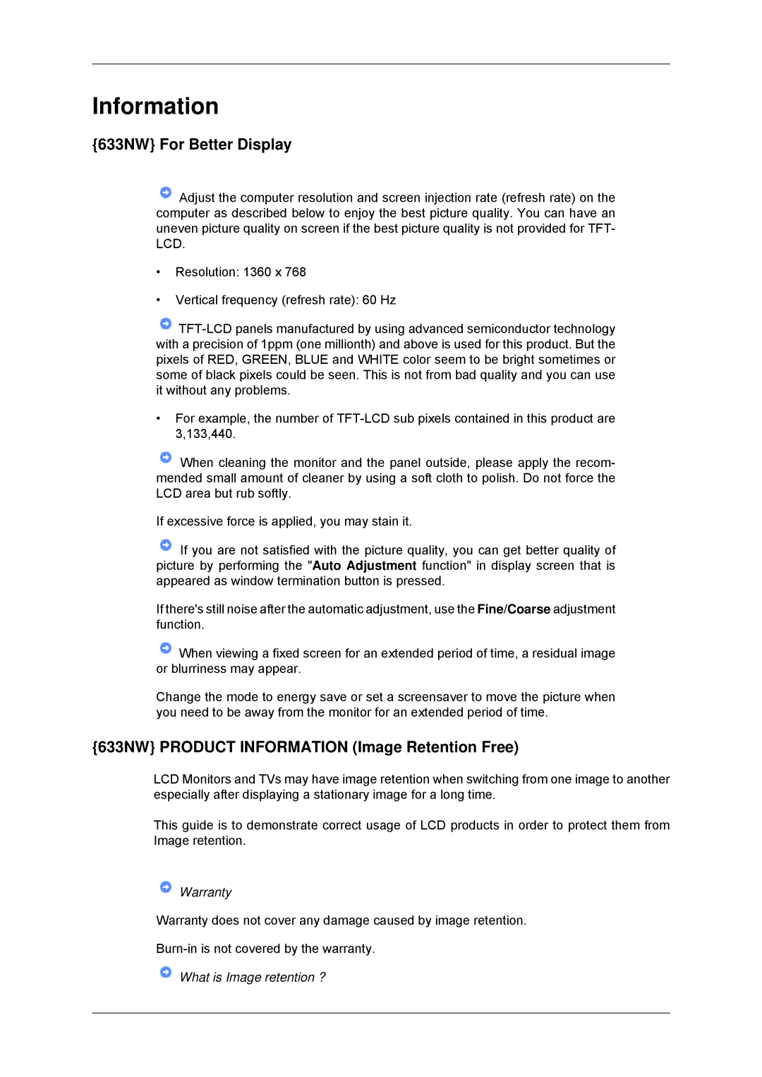 Samsung LS17CMNSFMXV, LS16CMYSFUXJ manual 633NW For Better Display, 633NW Product Information Image Retention Free 