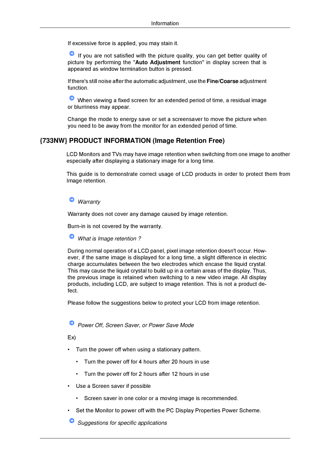 Samsung LS16CMYSFMXV, LS16CMYSFUXJ, LS17CMNSFMXV manual 733NW Product Information Image Retention Free 