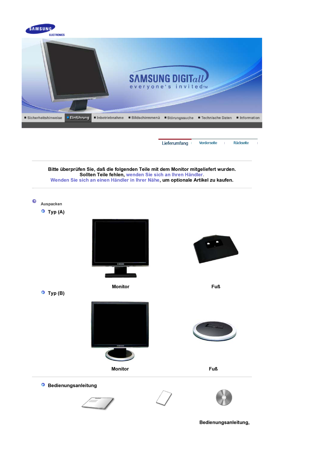 Samsung LS17BIDKSV/EDC manual Typ a Monitor Fuß Typ B Bedienungsanleitung 