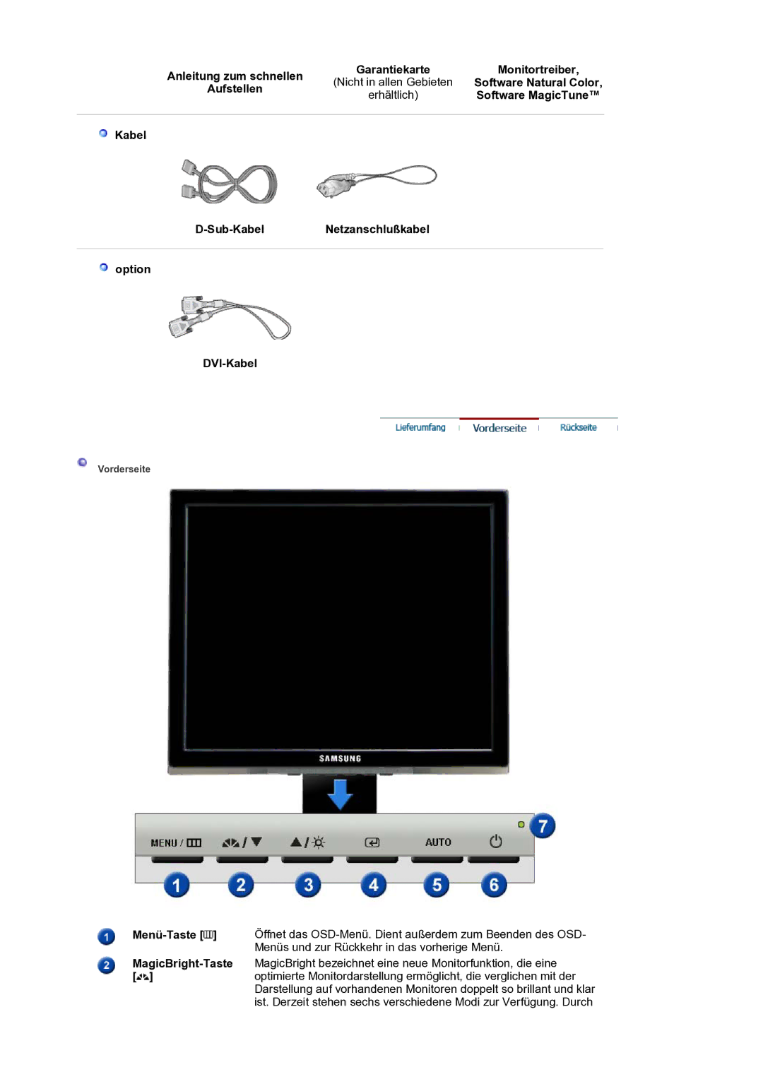 Samsung LS17BIDKSV/EDC Anleitung zum schnellen, Monitortreiber, Software Natural Color, Aufstellen, Software MagicTune 