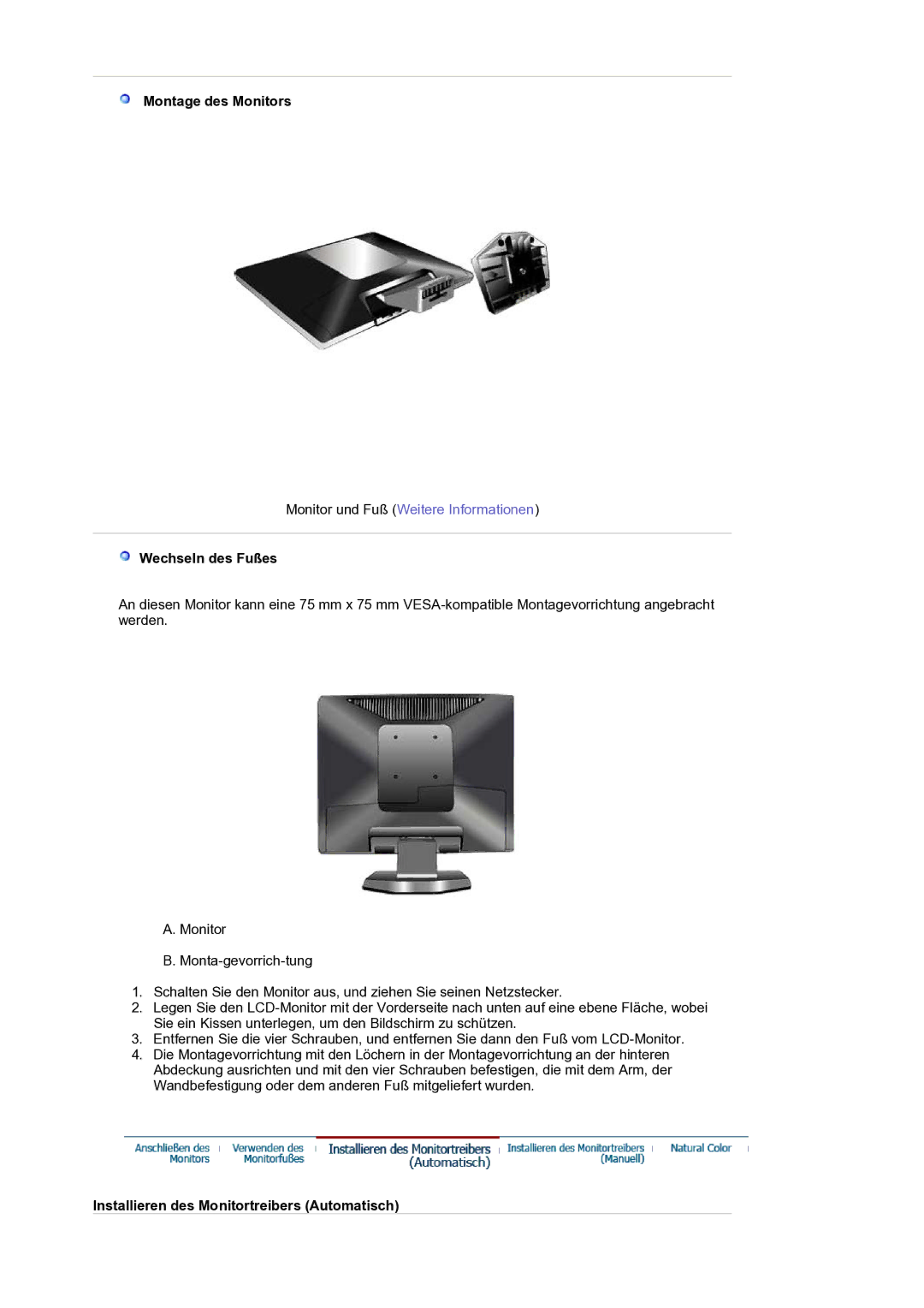 Samsung LS17BIDKSV/EDC manual Montage des Monitors, Wechseln des Fußes, Installieren des Monitortreibers Automatisch 