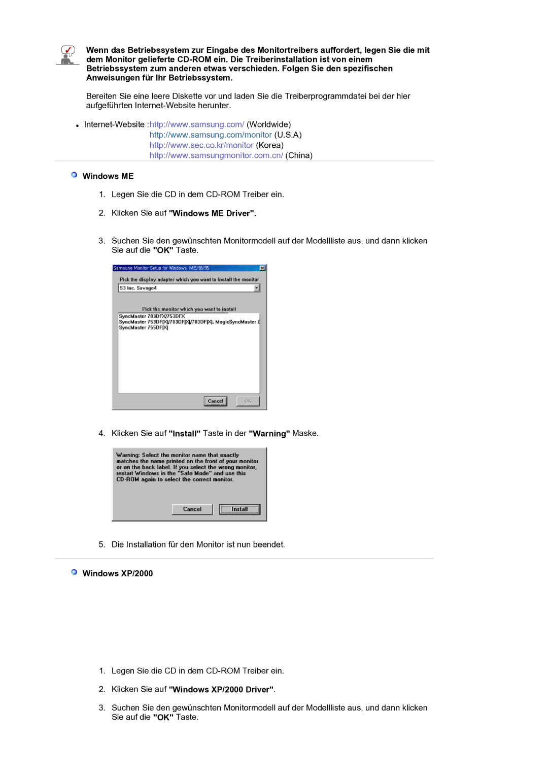 Samsung LS17BIDKSV/EDC manual Klicken Sie auf Windows ME Driver, Klicken Sie auf Windows XP/2000 Driver 