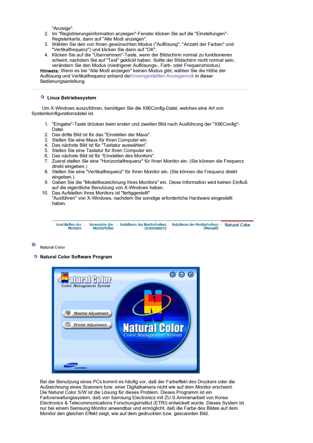 Samsung LS17BIDKSV/EDC manual Linux Betriebssystem, Natural Color Software Program 