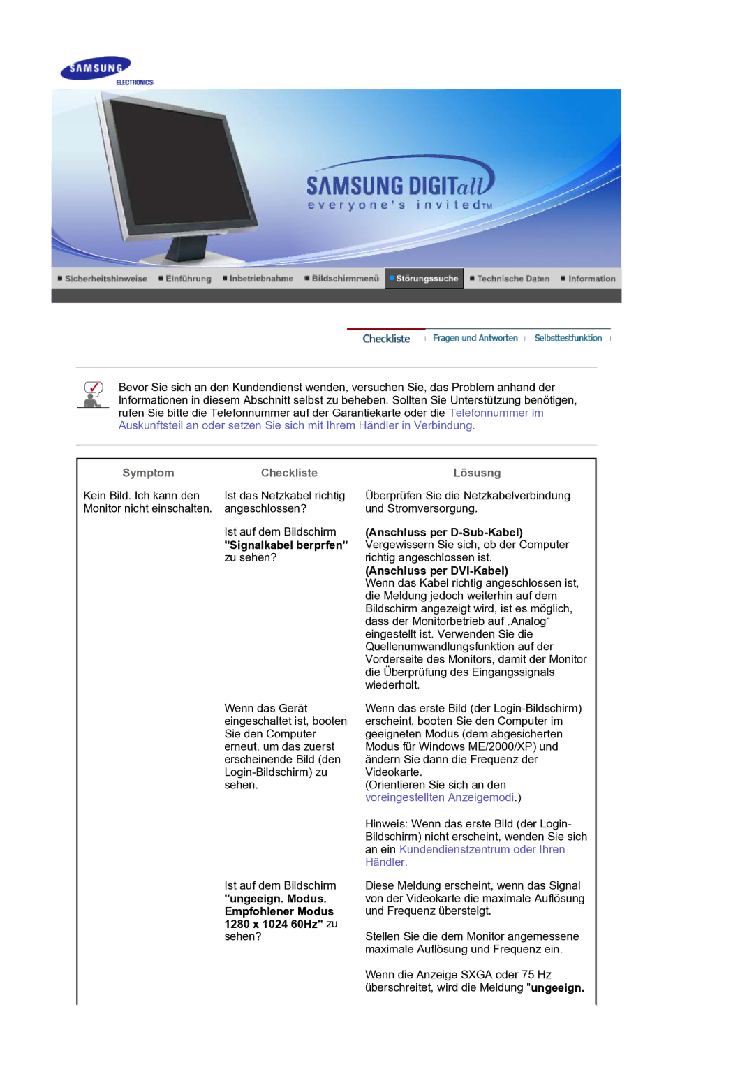 Samsung LS17BIDKSV/EDC manual Symptom Checkliste Lösusng, Anschluss per D-Sub-Kabel, Signalkabel berprfen 