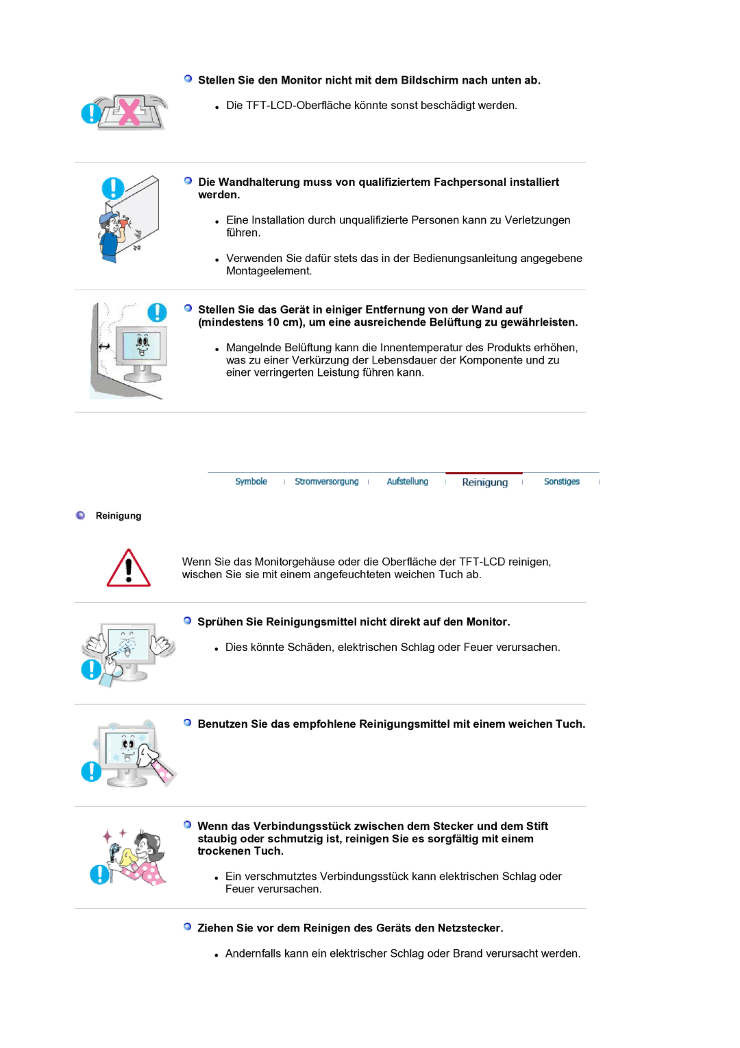 Samsung LS17BIDKSV/EDC manual Sprühen Sie Reinigungsmittel nicht direkt auf den Monitor 