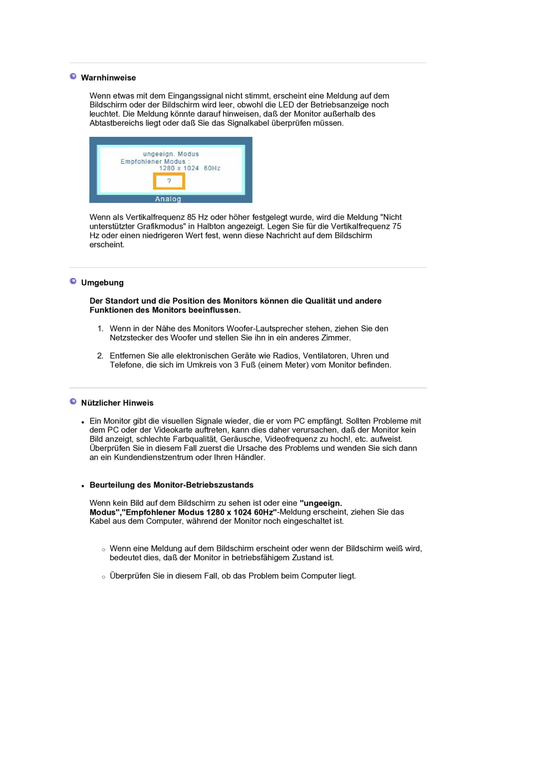 Samsung LS17BIDKSV/EDC manual Warnhinweise, Nützlicher Hinweis, Beurteilung des Monitor-Betriebszustands 