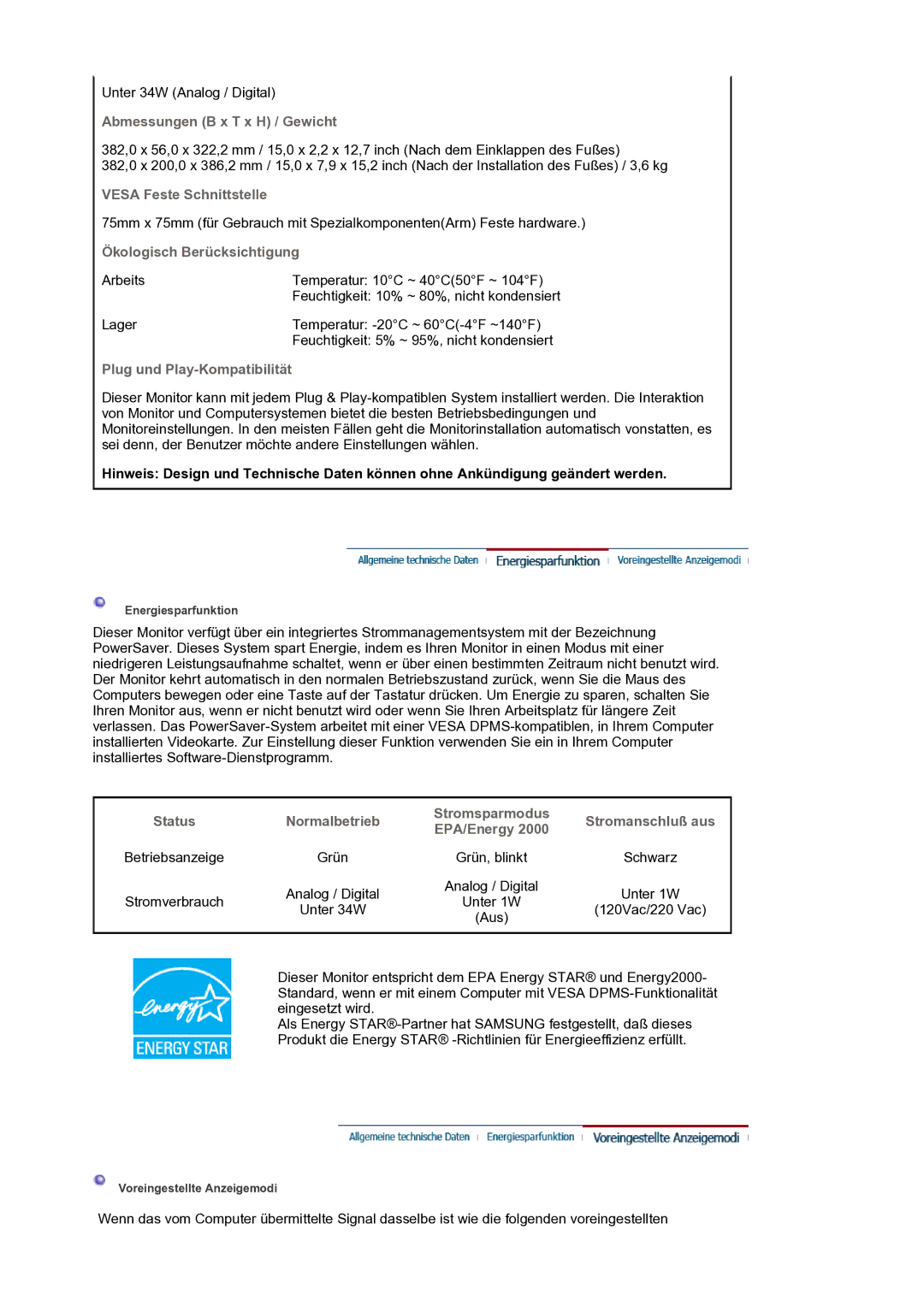 Samsung LS17BIDKSV/EDC manual Abmessungen B x T x H / Gewicht, Vesa Feste Schnittstelle, Ökologisch Berücksichtigung 