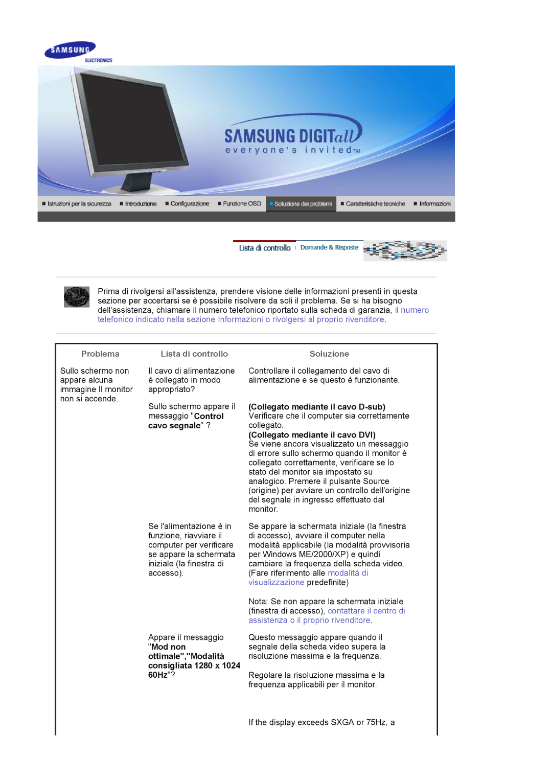 Samsung LS17BIDKSV/EDC manual Problema Lista di controllo, Cavo segnale ?, Soluzione 