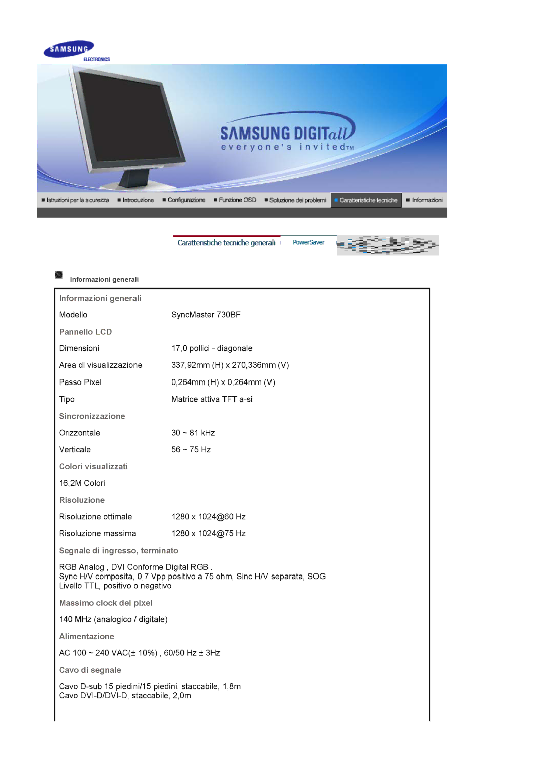 Samsung LS17BIDKSV/EDC manual Informazioni generali, Pannello LCD, Sincronizzazione, Colori visualizzati, Risoluzione 