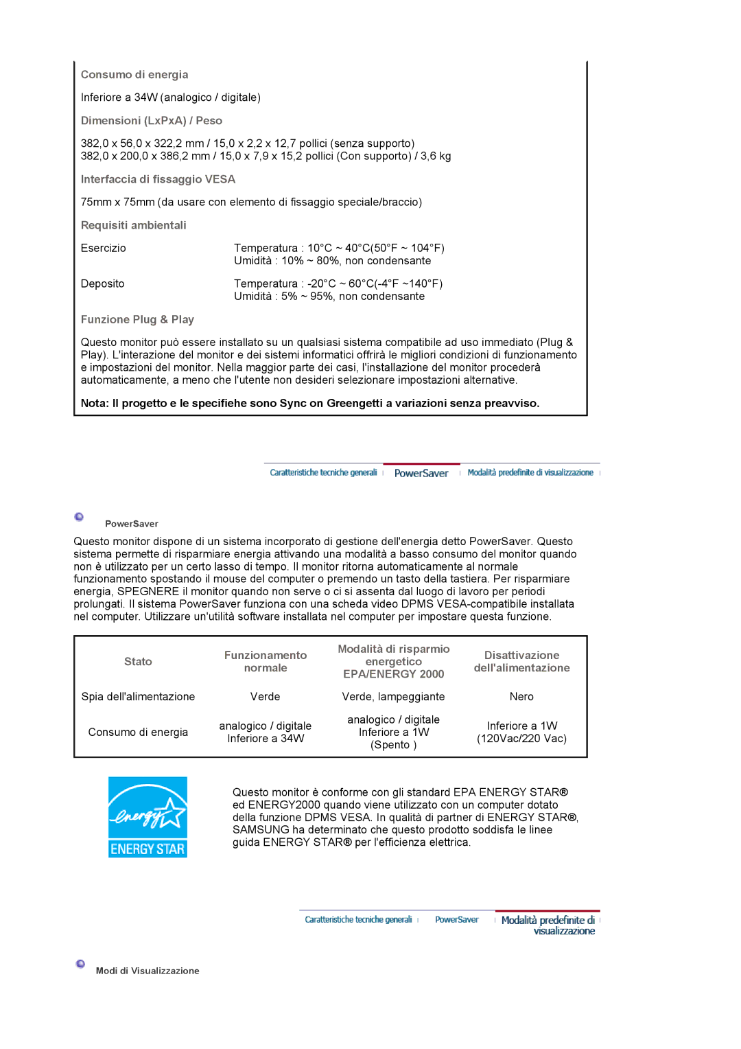 Samsung LS17BIDKSV/EDC Consumo di energia, Dimensioni LxPxA / Peso, Interfaccia di fissaggio Vesa, Requisiti ambientali 