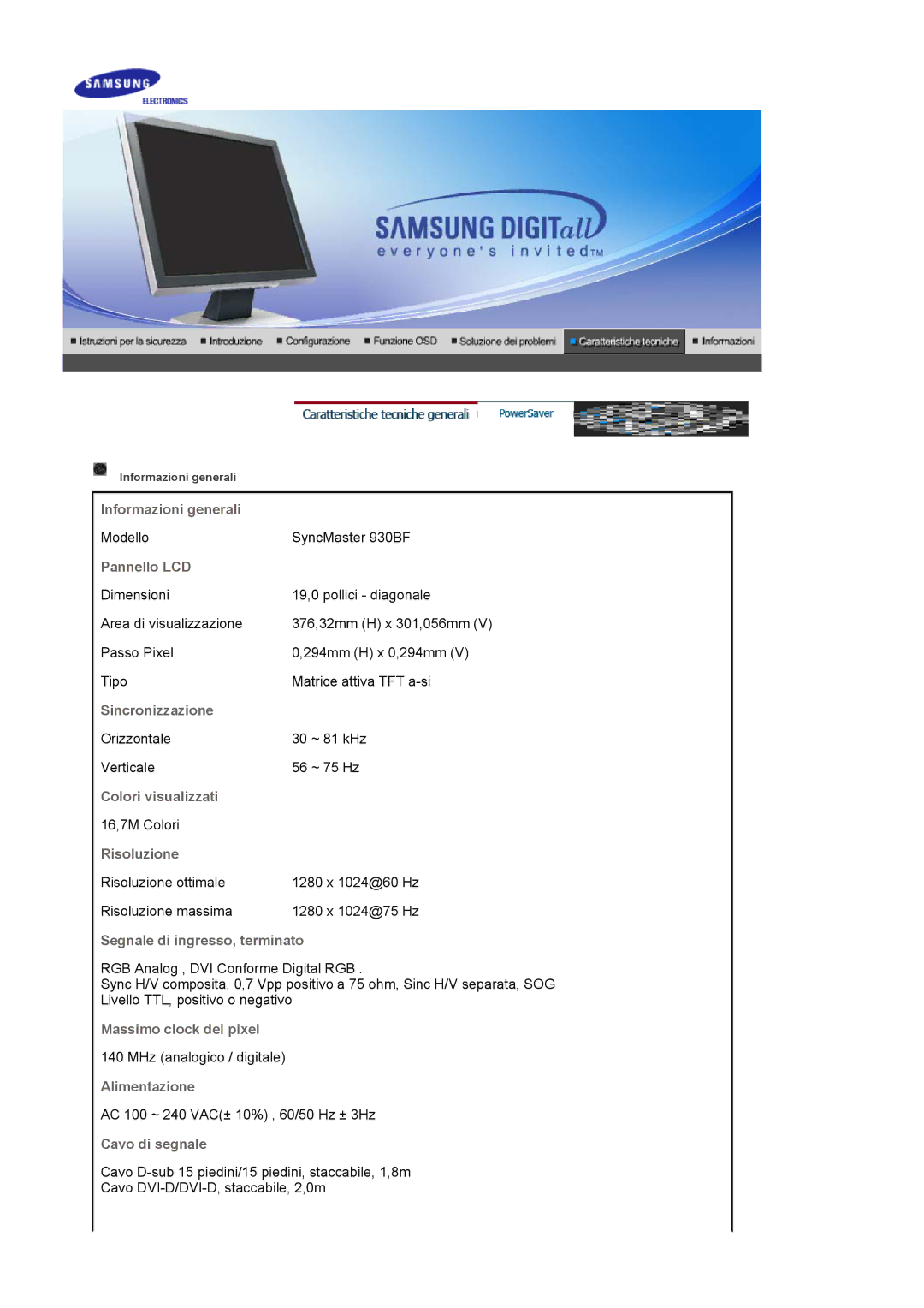 Samsung LS17BIDKSV/EDC manual Modello SyncMaster 930BF 